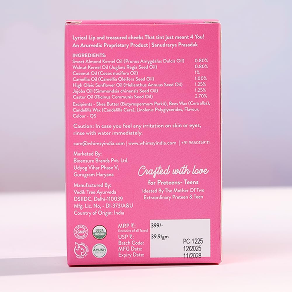 Whimsy Beauty Pink Crush Lip and Cheek Tint for Kids and Pre-Teens, Soft Blendable Colour with Lightweight Cream Texture, Long Wear Finish (4 to 16 years) Organic, Natural, Chemical Free, 10 gms - View 2 of 3