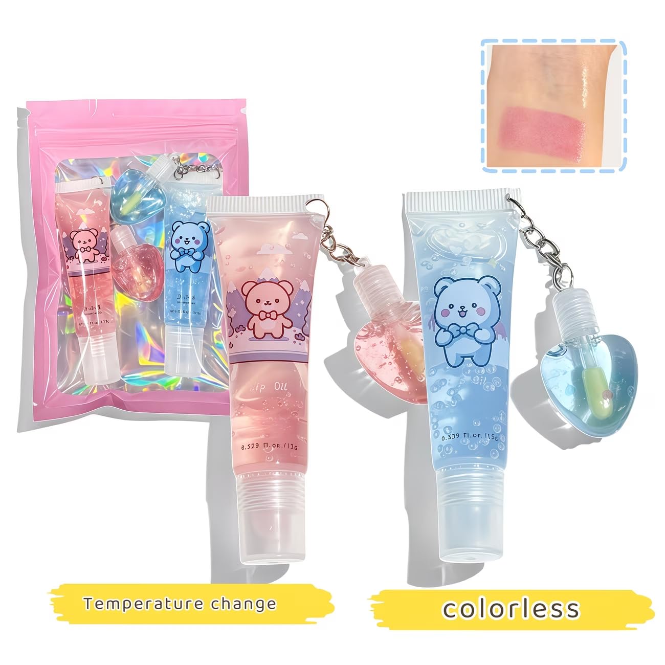 2 in 1 Cute Tube Teddy Design Lip Gloss Keychain for Soft & Nourished Lips - Highly Pigmented Lip Gloss for Girls - With Mini Heart Lipgloss Perfect Lipgloss Women Accessory - View 2 of 5