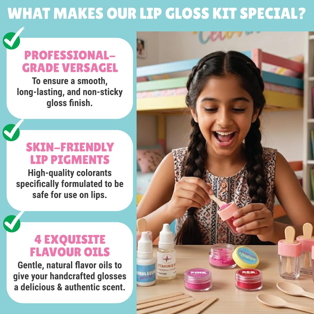 Kalakaram Make Your Own Lip Gloss Kit - Gifts for Girls Age 10-12 | Make 8 Lip Gloss With Nourishing Vitamin E Oil, Grape Seed Oil, And Multiple Flavour Oils, Colour Pigments, Fun And Engaging Activity Kit For Kids - View 3 of 5