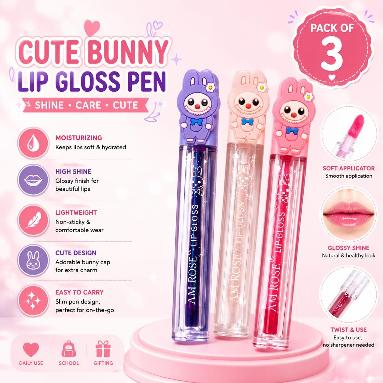 Multicolor Bunny Lip Gloss Pack of 3 | Cute Cartoon Lip Gloss, Moisturizing Lip Shine, Kids Makeup Gift Set | Daily Use, Birthday Gifts, Return Gifts, Party Favors, Kids Makeup Collection, Cute Accessories - View 2 of 3