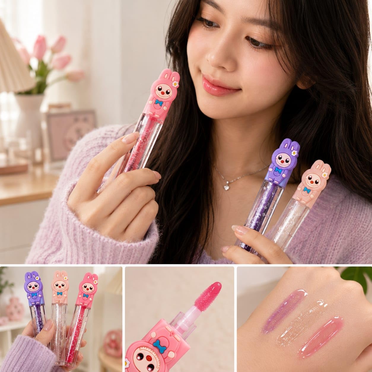 Multicolor Bunny Lip Gloss Pack of 3 | Cute Cartoon Lip Gloss, Moisturizing Lip Shine, Kids Makeup Gift Set | Daily Use, Birthday Gifts, Return Gifts, Party Favors, Kids Makeup Collection, Cute Accessories - View 3 of 3