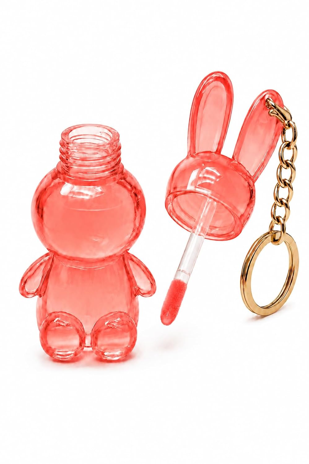 Cute Translucent Bunny Lip Gloss Keychain Multipack (3 Pieces) – 3D Rabbit-Shaped Liquid Lip Tint with Built-in Applicator – Aesthetic Bag Charm Beauty Gift Set for Teens, Girls & Party Favors – Peach, Rose & Pink - View 4 of 8
