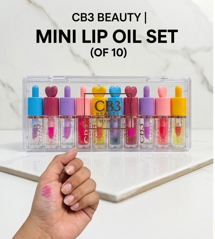 CB3 Lip Gloss Set of 10 Non-Sticky Transparent Shine | Glass Finish, Long Lasting Moisture, For Girls & Kids, Dropper Applicator, Clear Storage Case - View 2 of 2