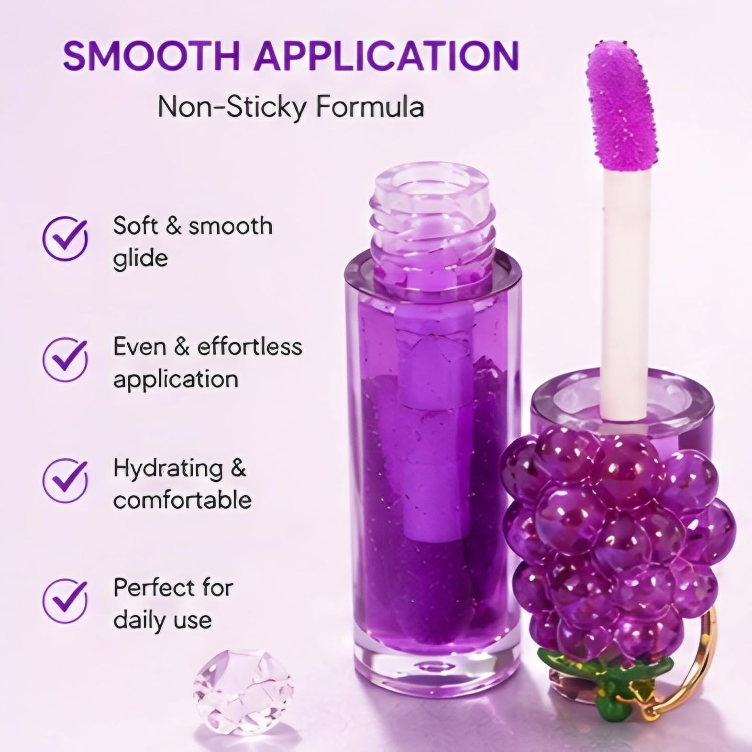 Grape Lip Oil with Keychain Charm – Hydrating Non-Sticky Lip Gloss for Dry Lips | Moisturizing Tinted Lip Oil with Grape Scent | Cute Portable Kawaii Lip Care Gloss for Women & Girls - View 2 of 5