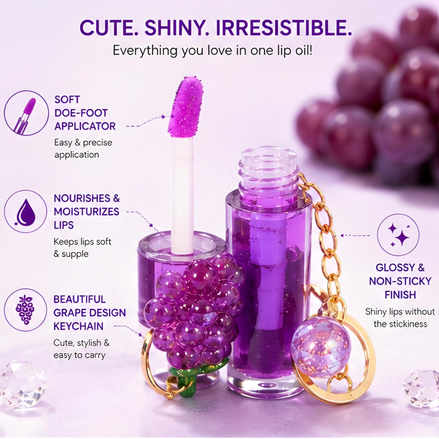Grape Lip Oil with Keychain Charm – Hydrating Non-Sticky Lip Gloss for Dry Lips | Moisturizing Tinted Lip Oil with Grape Scent | Cute Portable Kawaii Lip Care Gloss for Women & Girls - View 4 of 5
