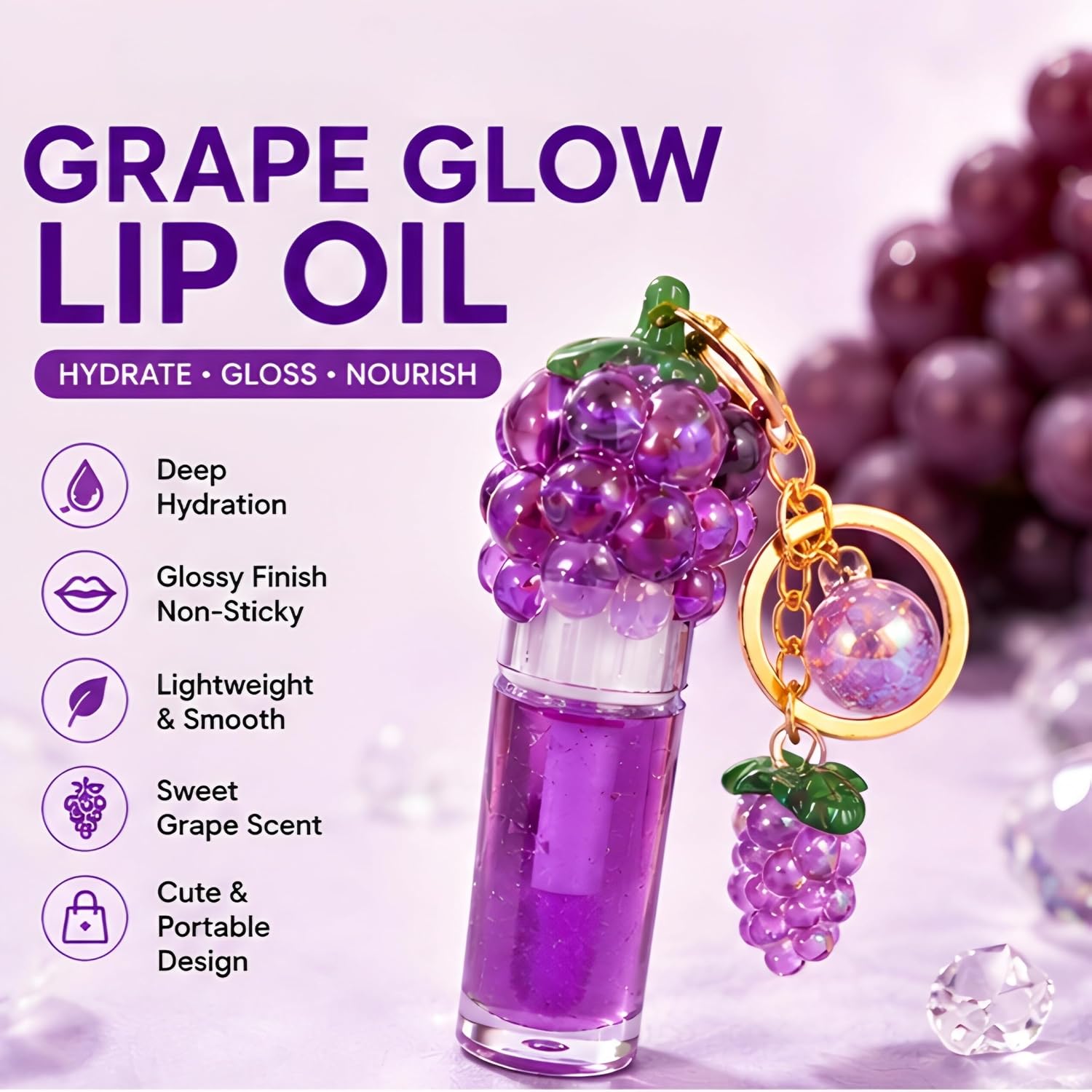 Grape Lip Oil with Keychain Charm – Hydrating Non-Sticky Lip Gloss for Dry Lips | Moisturizing Tinted Lip Oil with Grape Scent | Cute Portable Kawaii Lip Care Gloss for Women & Girls - View 5 of 5