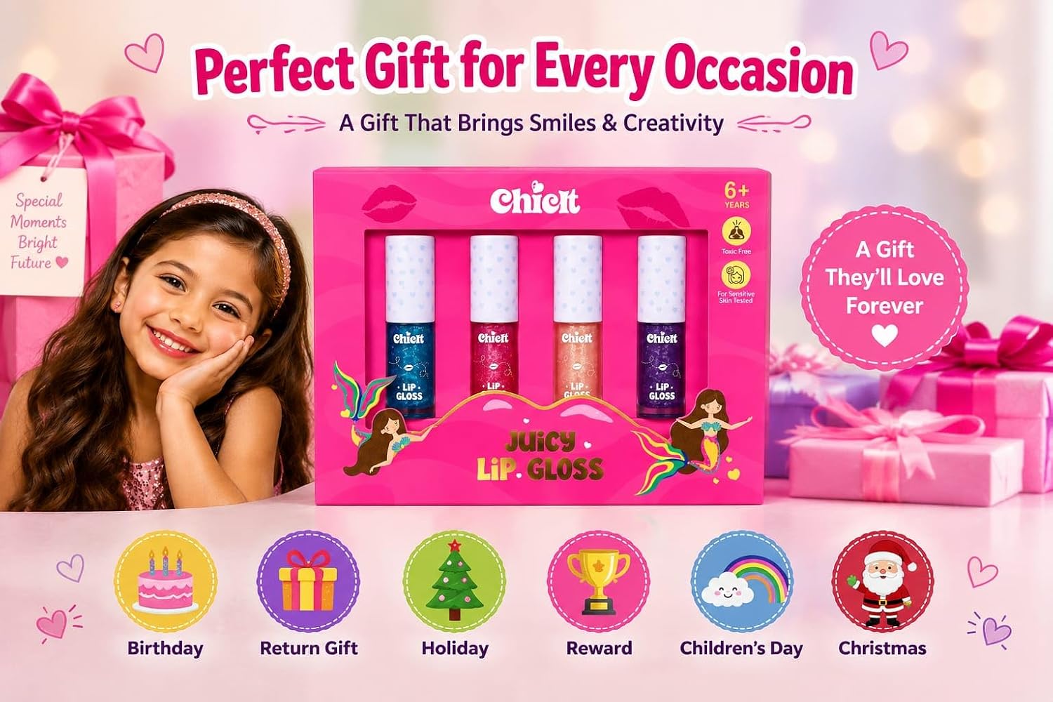 Kids Lip Gloss Set | Pack of 4 Shimmer Lip Glosses (2.5 ml Each) | Safe, Non-Toxic & Skin-Tested | Enriched with Vitamin E, Shea Butter & Jojoba Oil | Vegan, Cruelty-Free | Gift for Girls & Preteens - View 2 of 7