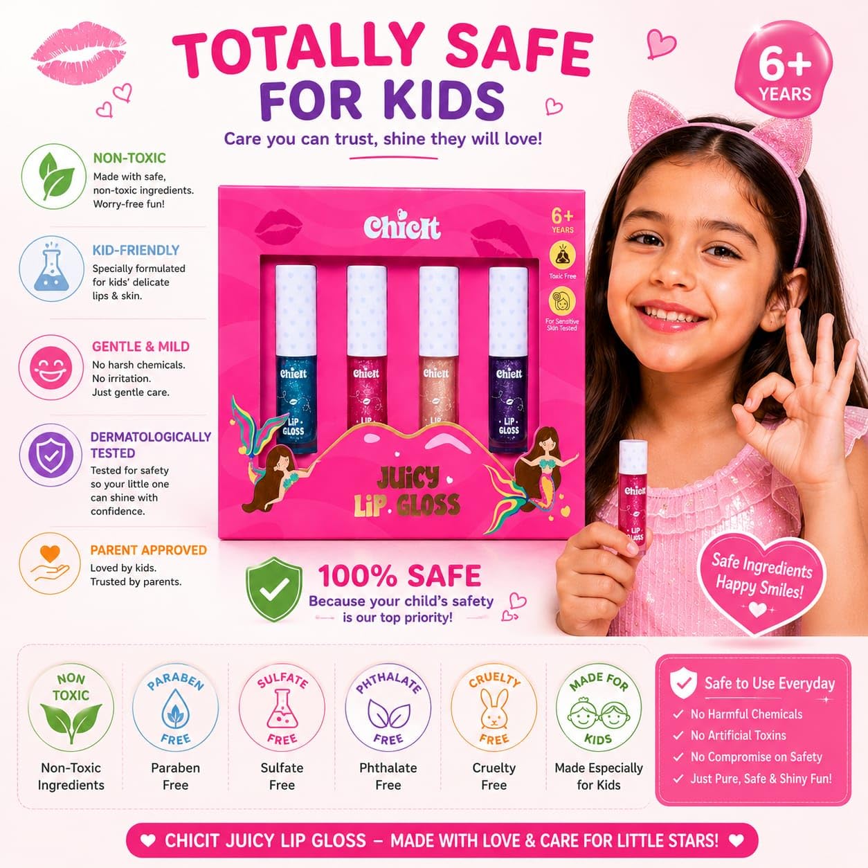 Kids Lip Gloss Set | Pack of 4 Shimmer Lip Glosses (2.5 ml Each) | Safe, Non-Toxic & Skin-Tested | Enriched with Vitamin E, Shea Butter & Jojoba Oil | Vegan, Cruelty-Free | Gift for Girls & Preteens - View 5 of 7