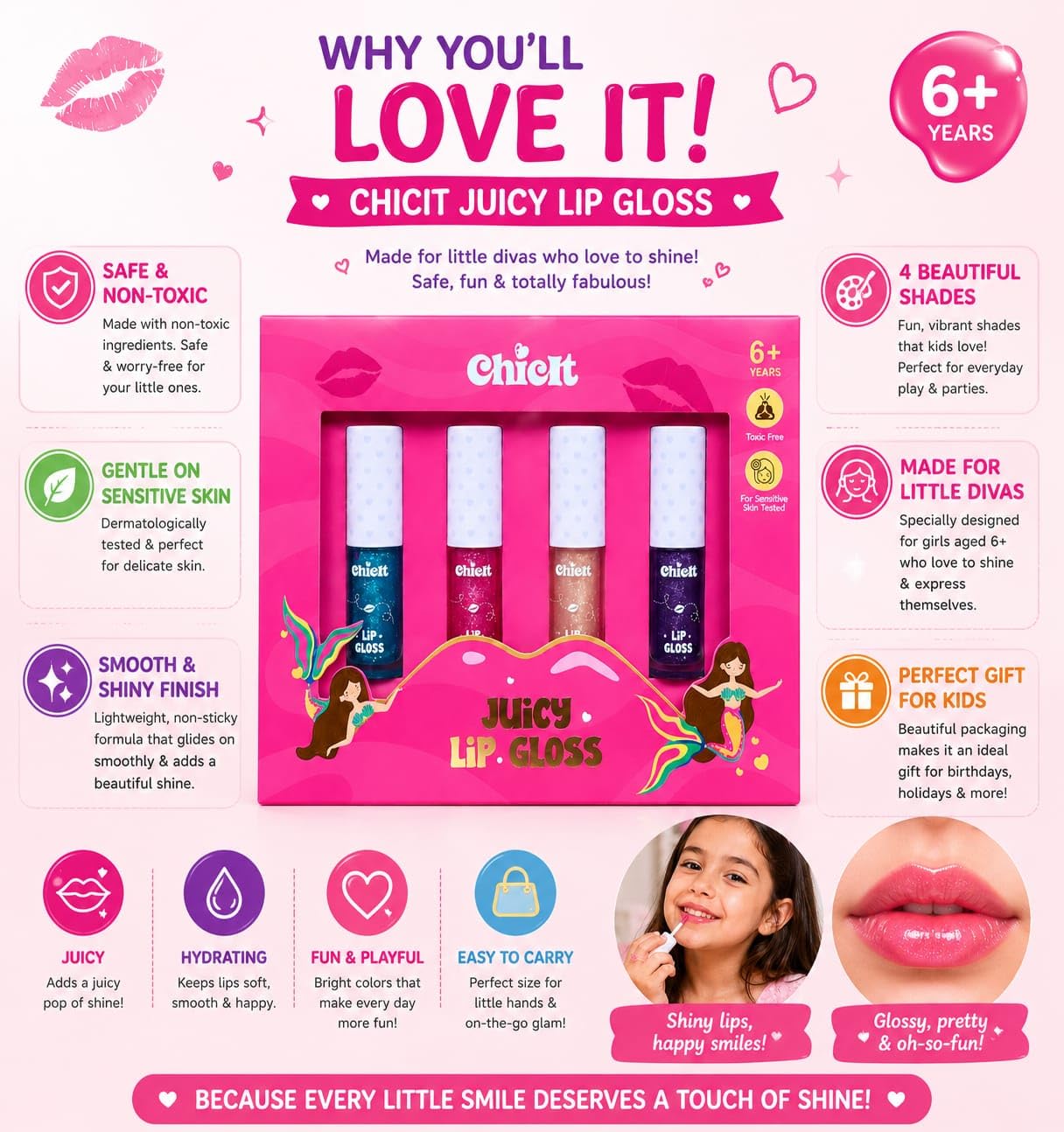 Kids Lip Gloss Set | Pack of 4 Shimmer Lip Glosses (2.5 ml Each) | Safe, Non-Toxic & Skin-Tested | Enriched with Vitamin E, Shea Butter & Jojoba Oil | Vegan, Cruelty-Free | Gift for Girls & Preteens - View 6 of 7