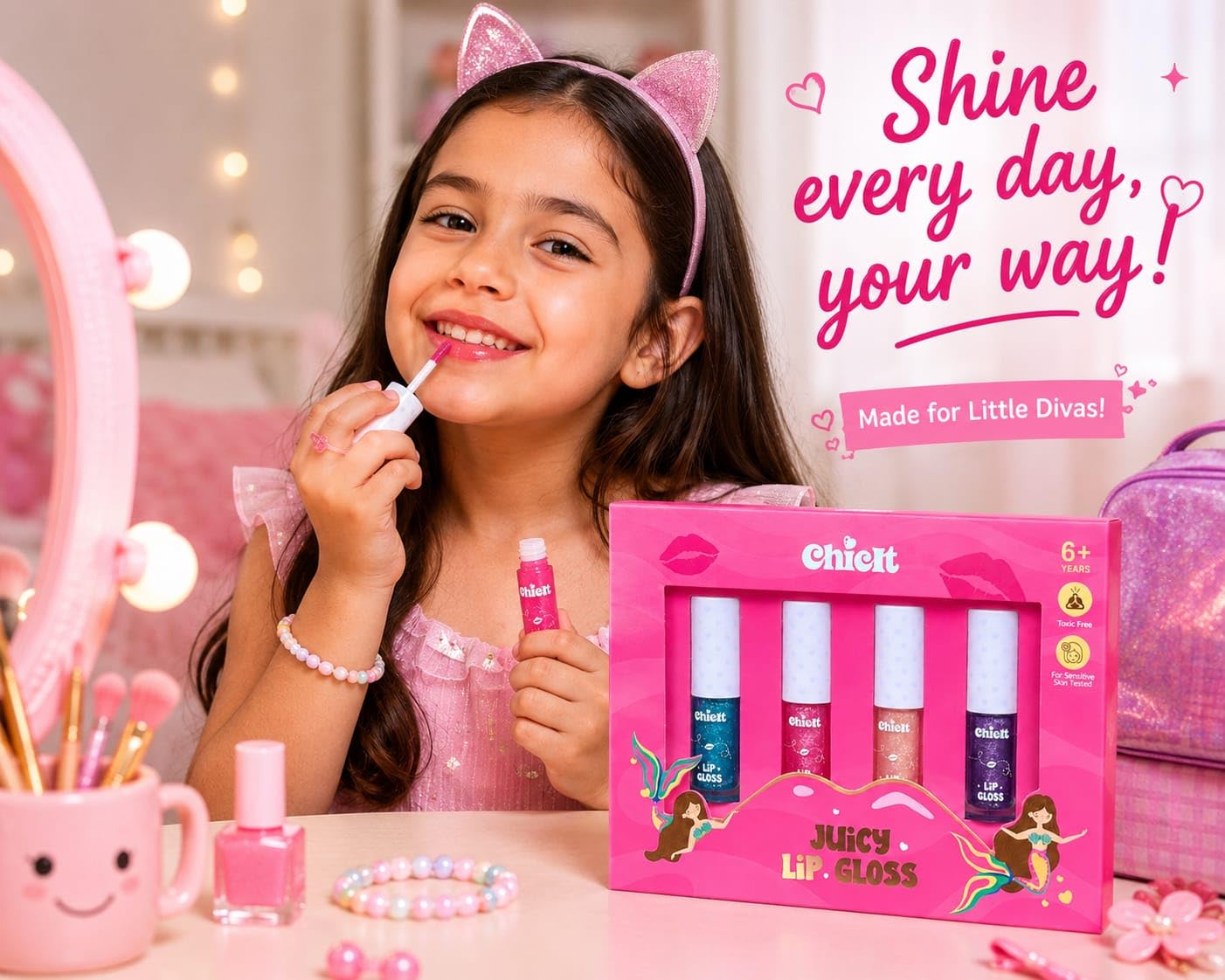Kids Lip Gloss Set | Pack of 4 Shimmer Lip Glosses (2.5 ml Each) | Safe, Non-Toxic & Skin-Tested | Enriched with Vitamin E, Shea Butter & Jojoba Oil | Vegan, Cruelty-Free | Gift for Girls & Preteens - View 7 of 7