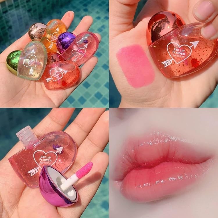 Moisturizing And Hydrating Cute Sequin Heart Shape Lip Gloss Oil Color Change Moisturizing Kids Girls Lip Oil Moisturizing Lips Care For Tint Dry And Chapped Lips - Set Of 4 - View 3 of 6