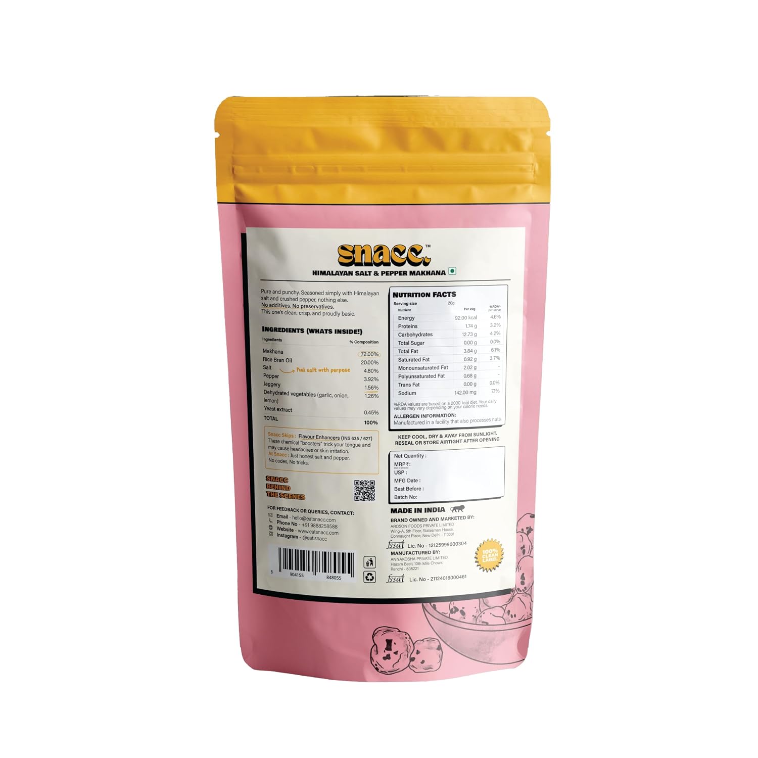 Snacc Makhana, Spicy Roasted Fox Nuts, Protein Rich, Gluten Free, MSG Free, Zero Trans Fat, Zero Sugar, Low Calorie (Pack of 1, Salt & Pepper) - View 5 of 5