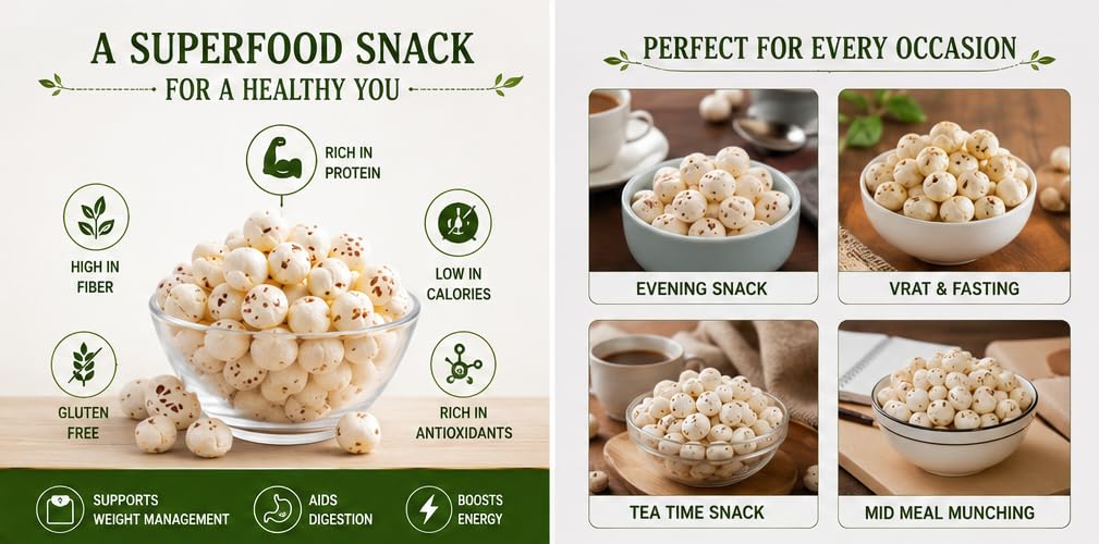 BM ORGANIC FOOD PRODUCTS Phool Makhana 250g | Premium Hand-Picked Fox Nuts | Natural Lotus Seeds | Healthy Roasted Snack | High Fiber & Protein Rich | Gluten Free Makhana - View 2 of 4