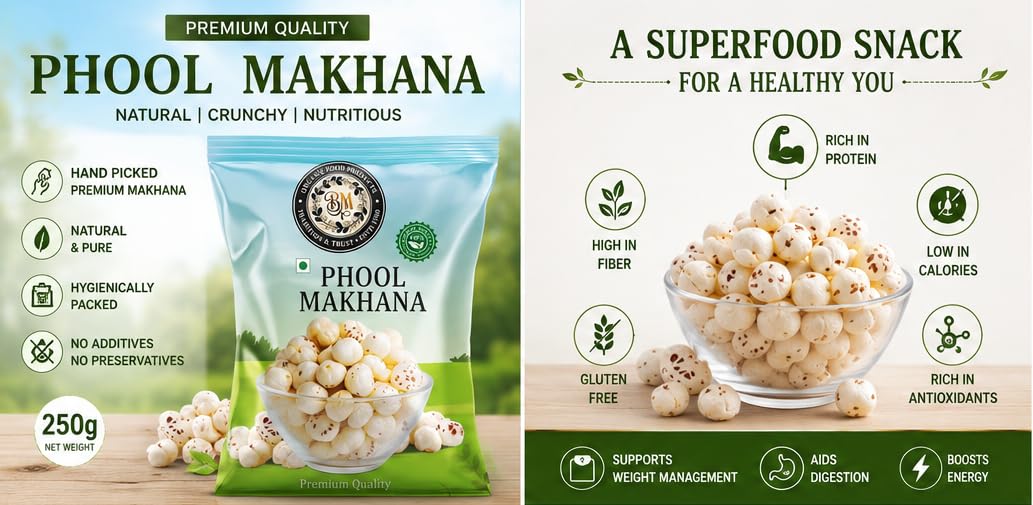 BM ORGANIC FOOD PRODUCTS Phool Makhana 250g | Premium Hand-Picked Fox Nuts | Natural Lotus Seeds | Healthy Roasted Snack | High Fiber & Protein Rich | Gluten Free Makhana - View 3 of 4