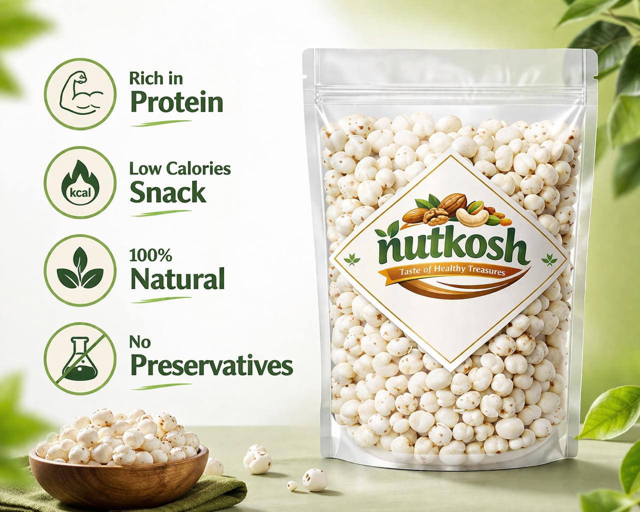 Nutkosh Phool Makhana 250 gm | Fox Nuts/Lotus Puffs Seeds | Rich in Calcium, Maintains Weight | Makhana for Fasting | Natural Crunchy Makhana | Healthy Snacks | Gluten-Free - View 3 of 5