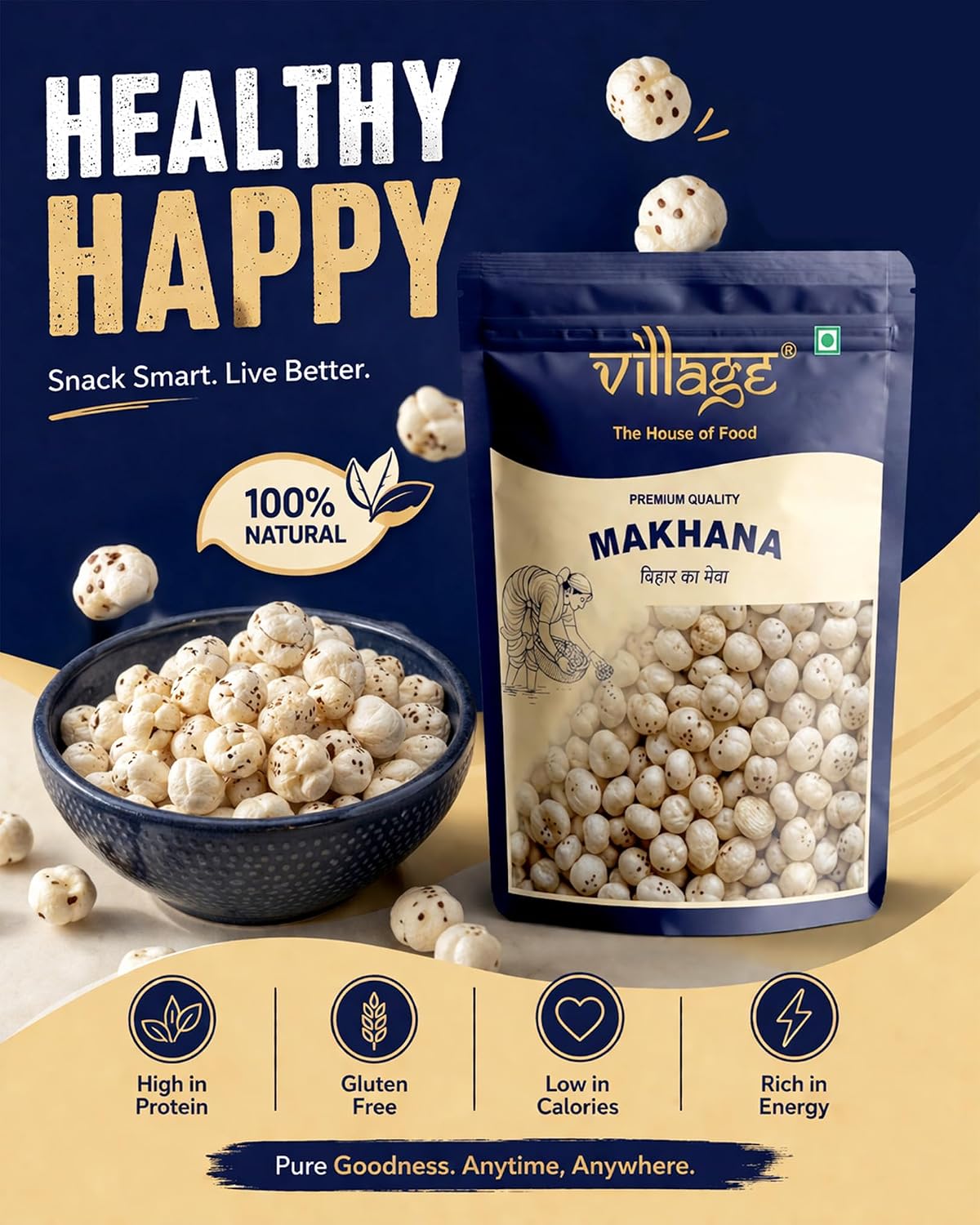 Village The House of Food Plain Makhana 225g | Big Size Handpicked Fox Nuts (Gorgon Nut) | Healthy Roasted Snack | High Protein & Rich in Calcium | Low Fat, Gluten-Free & Vegan | Fit for Fasting | Pure 5+ Size Makhana - View 5 of 6