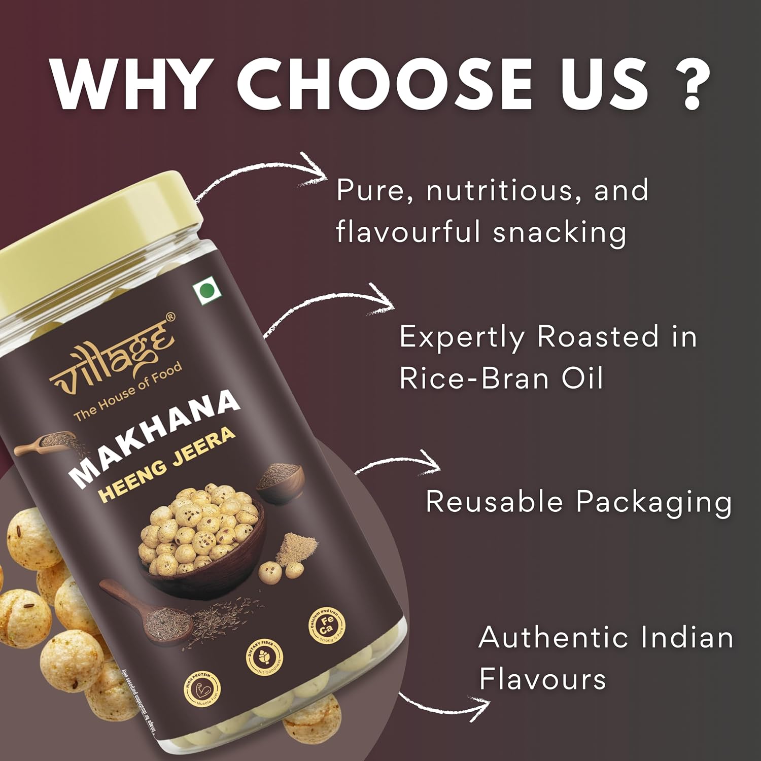 Village–The House of Food Crunchy Roasted Makhana | Hing Jeera & Cream & Onion Flavour | Healthy Guilt-Free Snack | Low Calorie & Gluten Free | 70g Each (Pack Of 2) - View 5 of 7