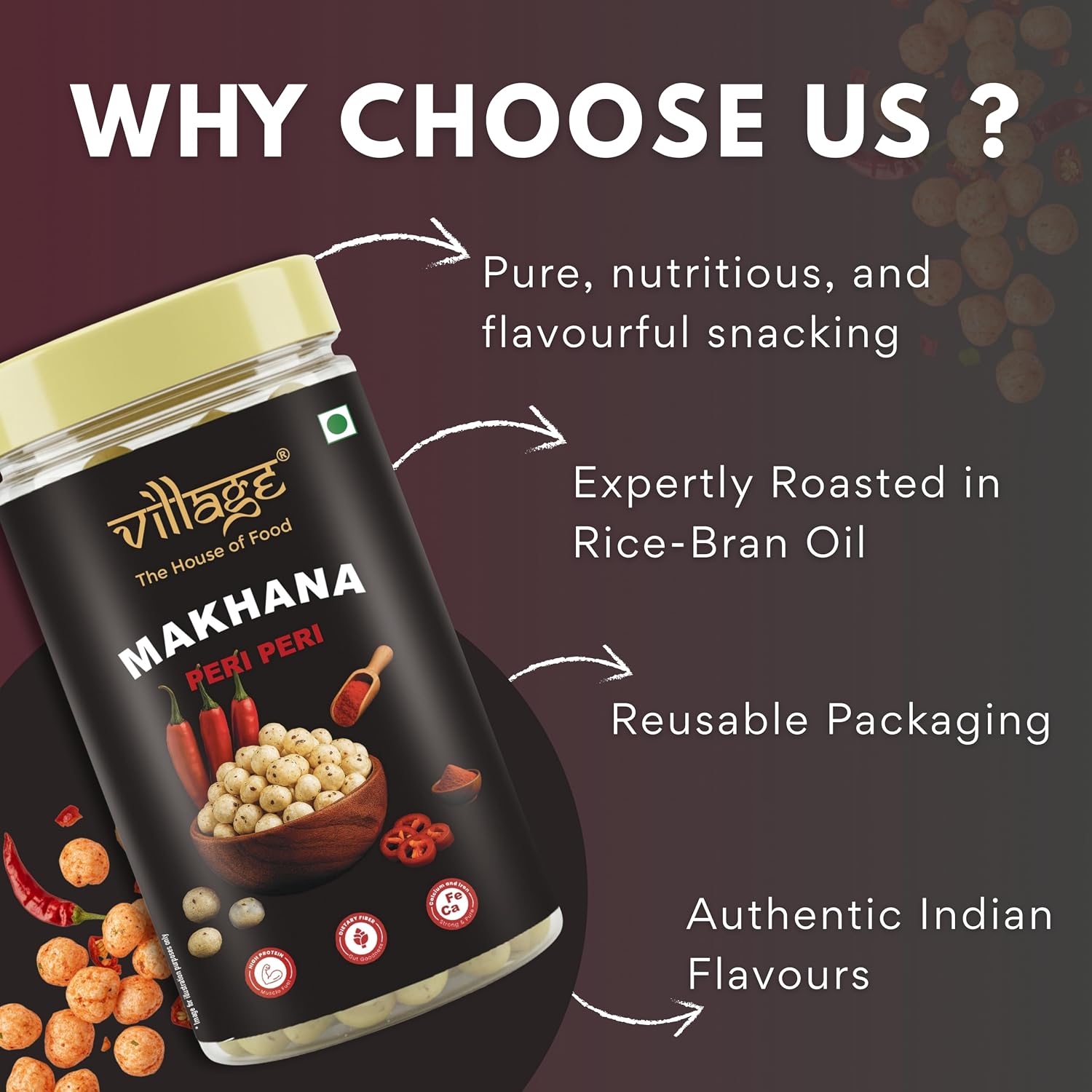 Village–The House of Food Crunchy Roasted Makhana | Pudina & Peri Peri Flavour | Spicy, Crunchy & Healthy Snack | Roasted in Rice Bran Oil & Gluten Free | 70g Each (Pack Of 2) - View 5 of 7