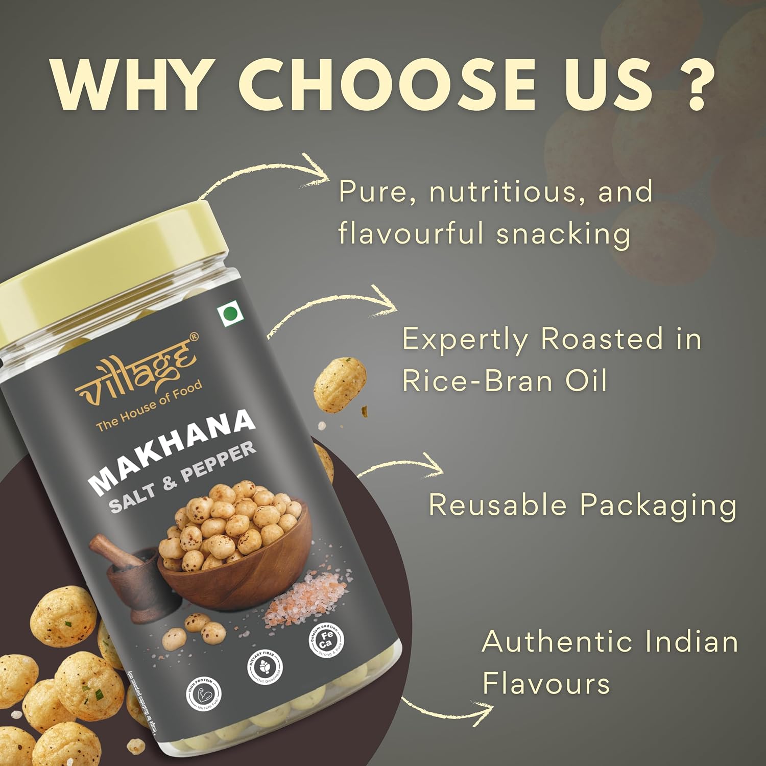 Village–The House of Food Crunchy Roasted Makhana | Pudina & Salt & Pepper Flavour | Crunchy Healthy Snack | Low Calorie, Gluten Free & Guilt-Free | 70g Each (Pack Of 2) - View 5 of 6