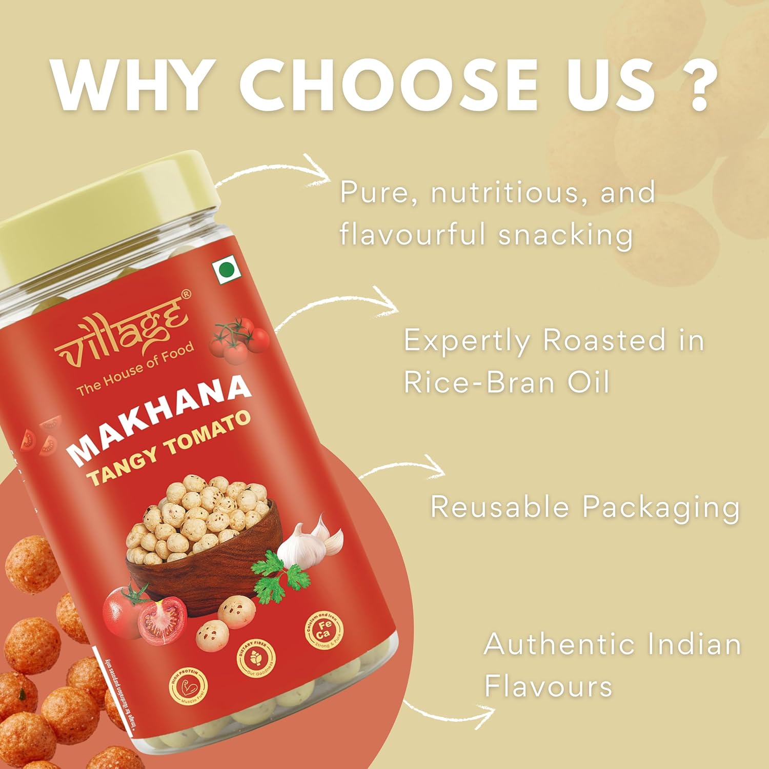 Village–The House of Food Crunchy Roasted Makhana | Pudina & Tangy Tomato Flavour | Light, Crunchy & Healthy Snack | Low Calorie, Gluten Free, Roasted in Rice Bran Oil | 70g Each (Pack Of 2) - View 4 of 6