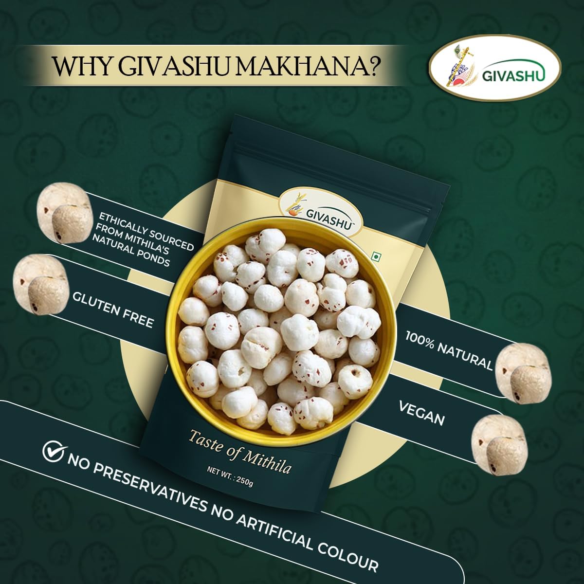 250 gm GIVASHU Authentic Mithila Unpolished Hand-Picked Phool Makhana | 100% Natural & Gluten-Free Foxnuts | High Protein & Fiber, Low Calorie Weight Loss Superfood - View 2 of 6