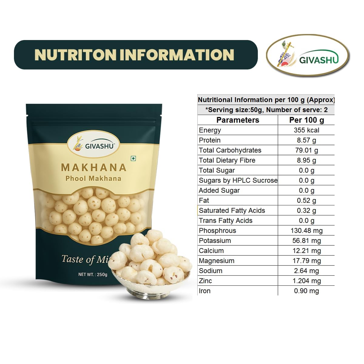 250 gm GIVASHU Authentic Mithila Unpolished Hand-Picked Phool Makhana | 100% Natural & Gluten-Free Foxnuts | High Protein & Fiber, Low Calorie Weight Loss Superfood - View 6 of 6