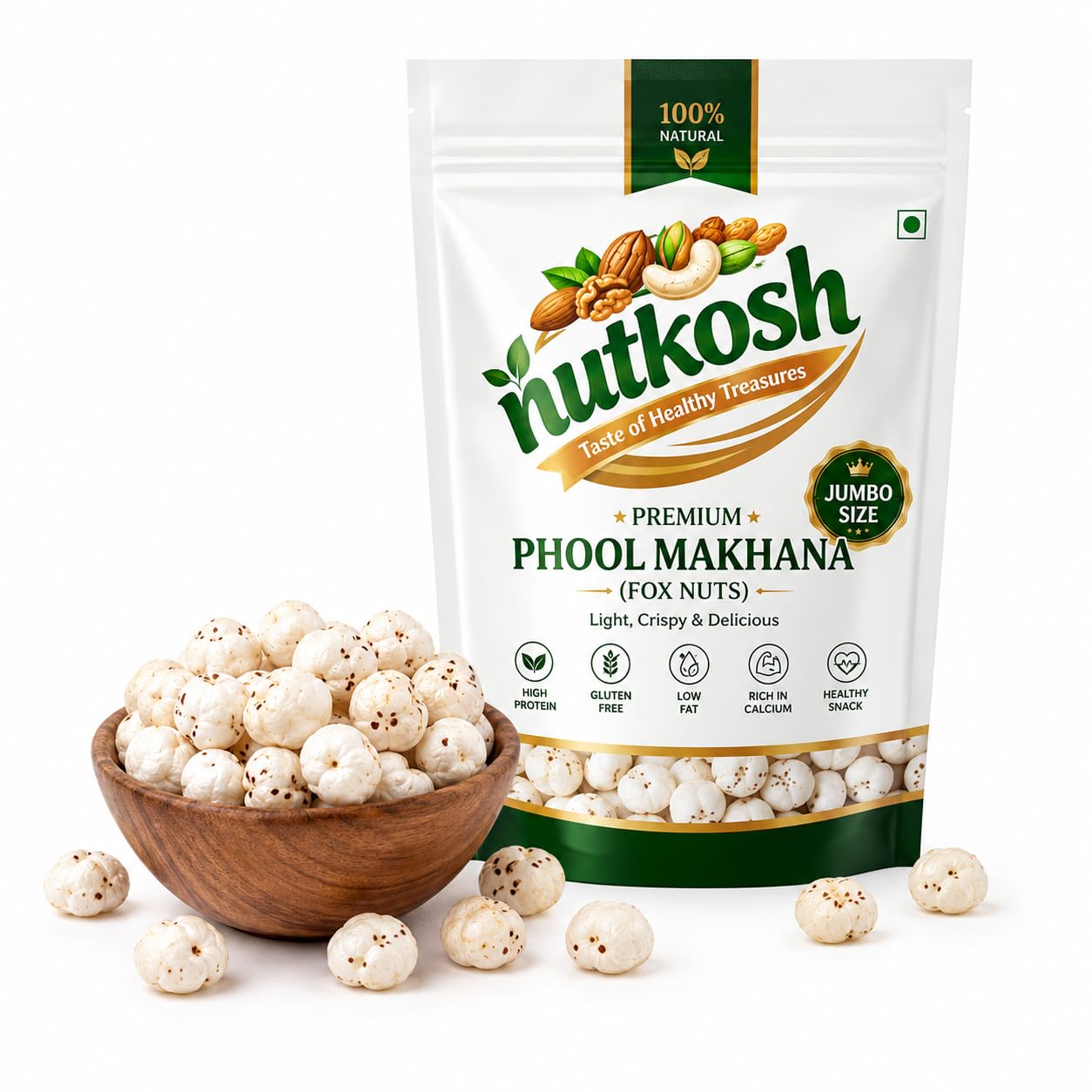 Nutkosh Phool Makhana 500 gm | Handpicked 4 Sutta Size High Protein Premium Fox Nuts/Lotus Seeds | No added Preservatives & No artificial Flavours | High Protein & Fiber - View 3 of 4