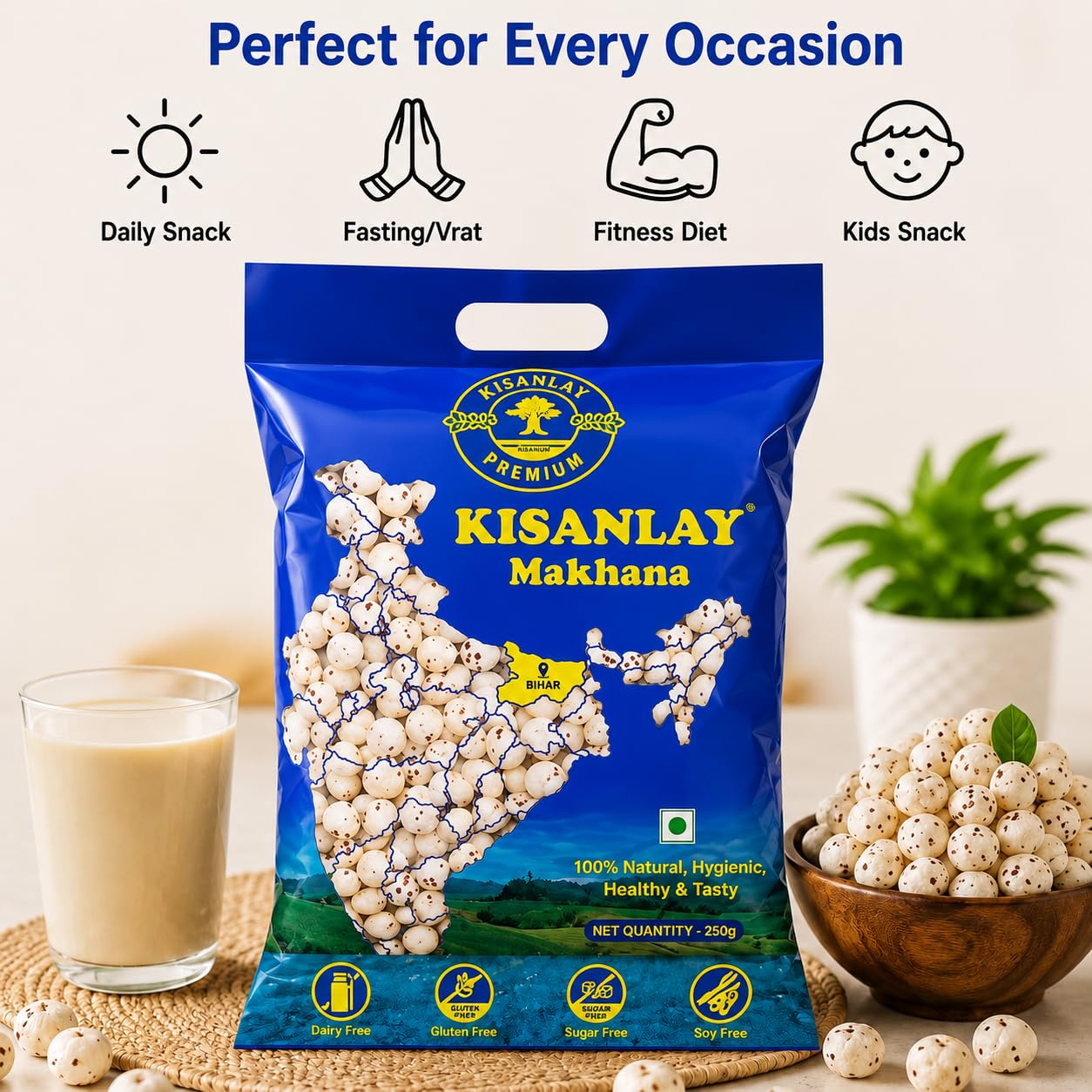 KISANLAY Premium Raw Makhana 250g (Fox Nuts) | Natural Lotus Seeds, Healthy Snacking & Cooking, Un-Roasted - View 2 of 4