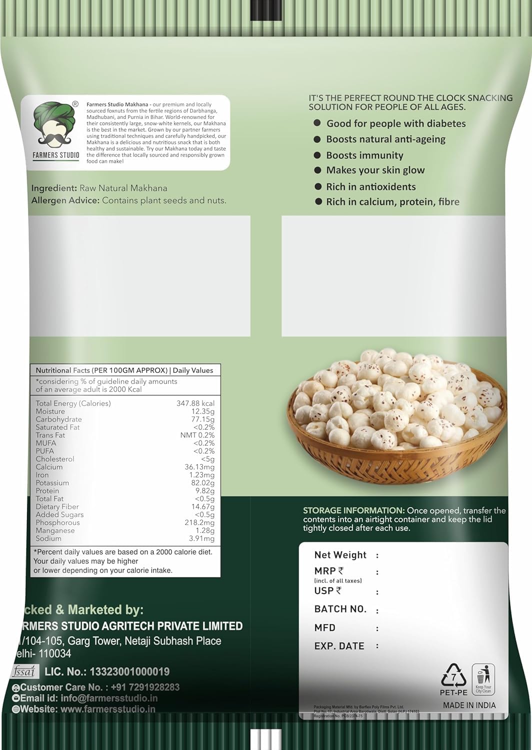 Farmers Studio Makhana 250 gm | Foxnuts/Crunchy Lotus Seeds | Gluten-Free Vegan Snack | High Protein, Low Fat - View 7 of 7