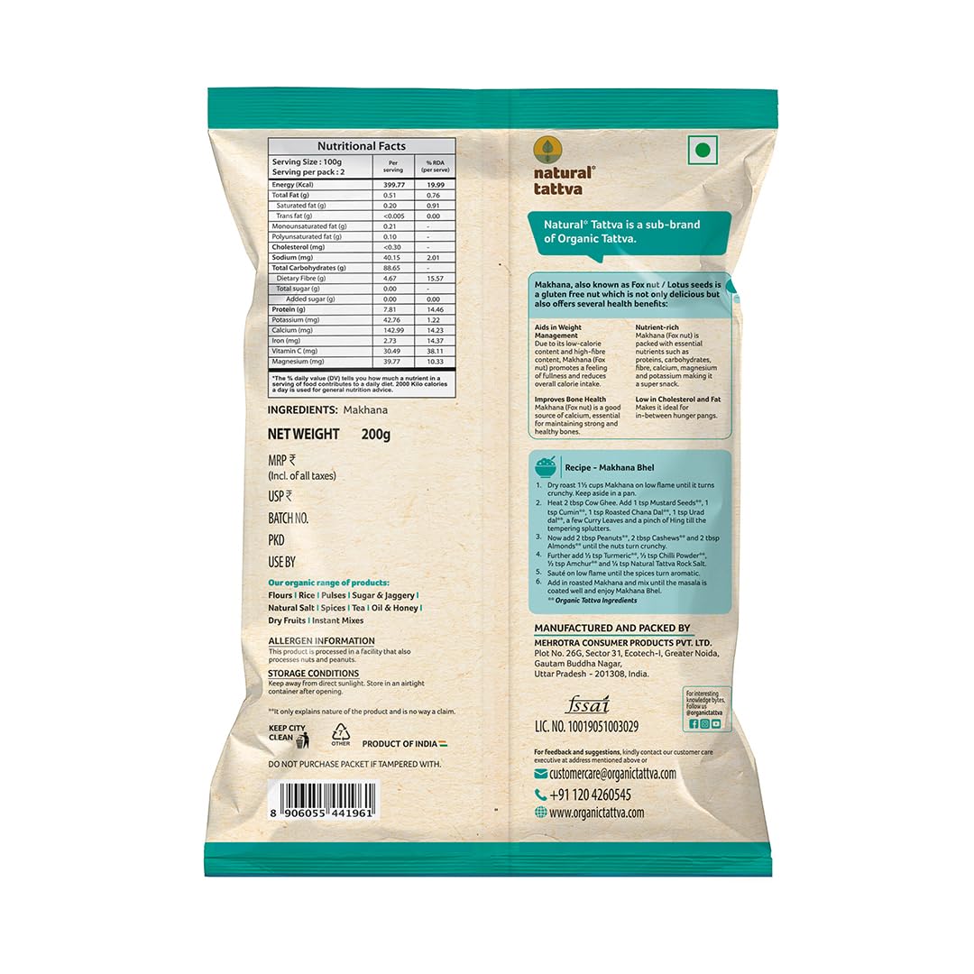 ORGANIC TATTVA Makhana (Fox Nuts) 200 G Pack - Natural & Gluten-Free,Healthy Snack,Rich In Protein & Fiber|Ideal For Roasting,Snacking,& Cooking - View 3 of 3