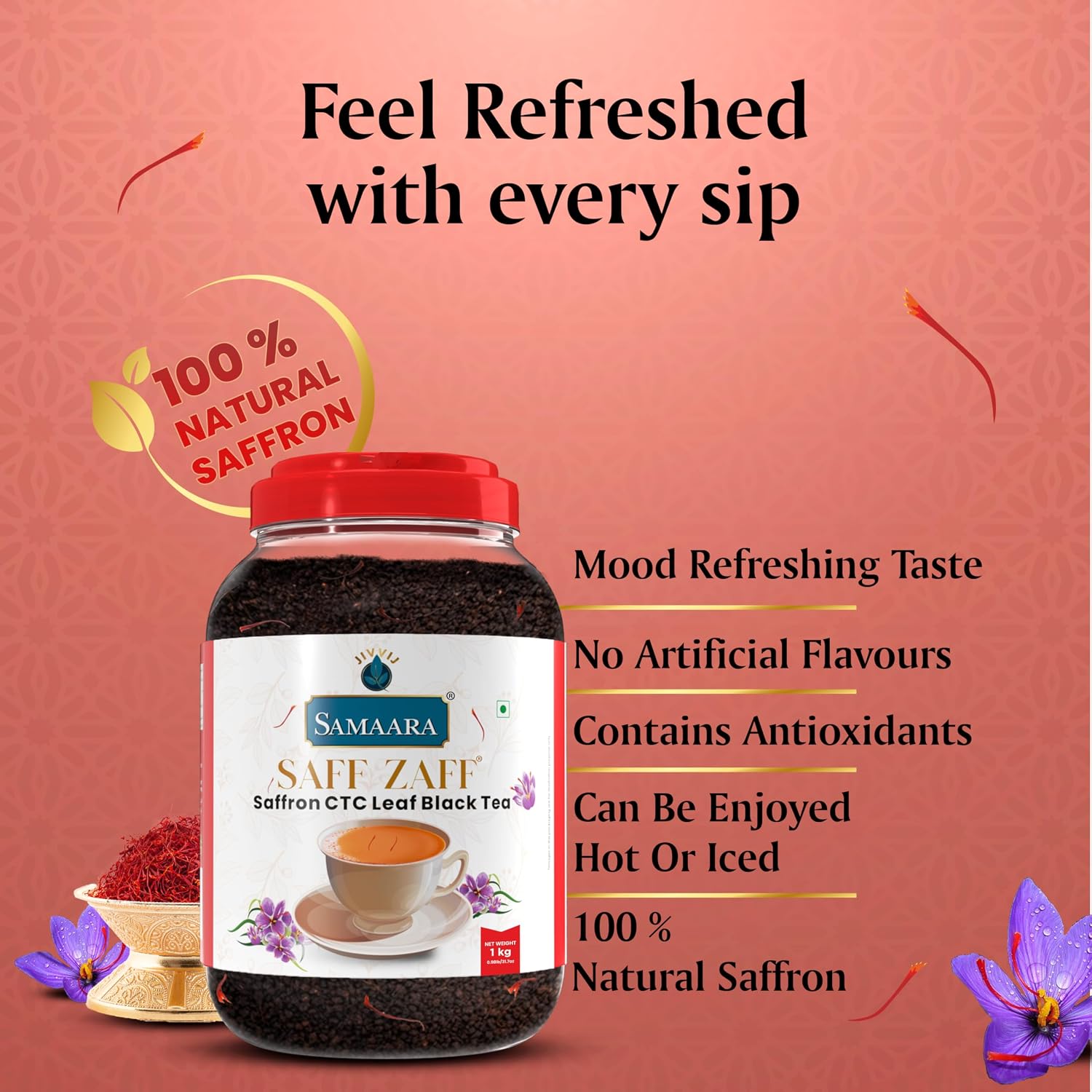 Samaara Saff Zaff Saffron CTC Leaf Black Tea, Boosts Immunity and Memory, Reduces Inflammation, 1kg - View 2 of 4