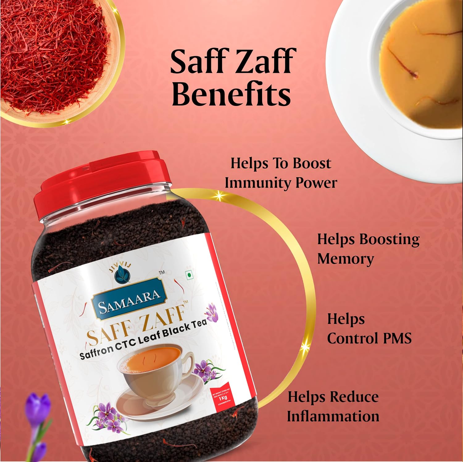 Samaara Saff Zaff Saffron CTC Leaf Black Tea, Boosts Immunity and Memory, Reduces Inflammation, 1kg - View 3 of 4