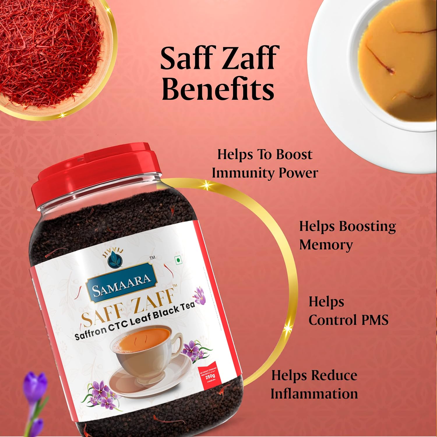 Samaara Saff Zaff Saffron CTC Leaf Black Tea, Boosts Immunity and Memory, Reduces Inflammation, 250g - View 2 of 4