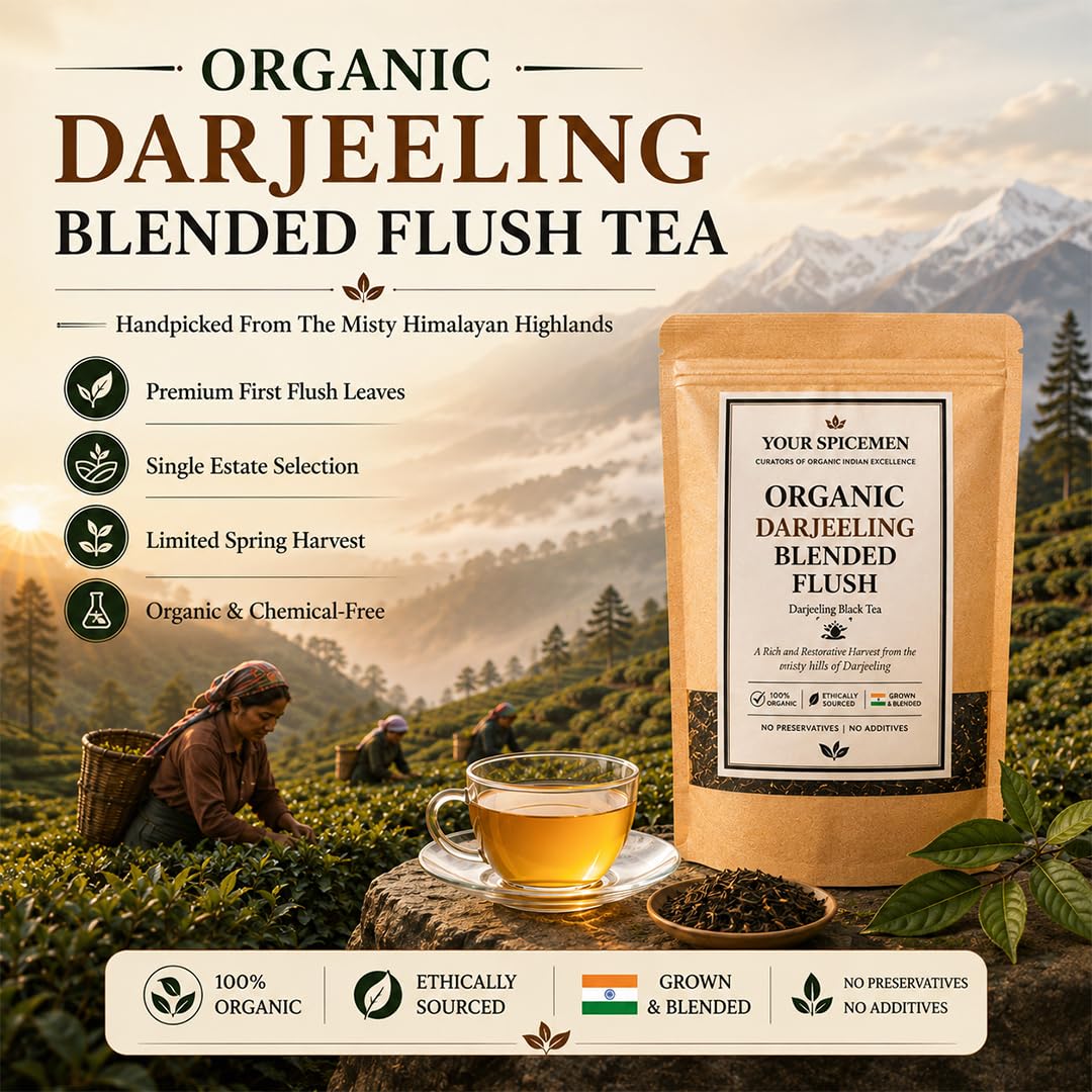 Your Spicemen Organic Darjeeling Blended Flush Tea 1000g | First Flush Loose Leaf Spring Harvest | Whole Leaf Handpicked from Misty Highlands | Aromatic Limited Edition Luxury Black Tea Pack - View 3 of 6
