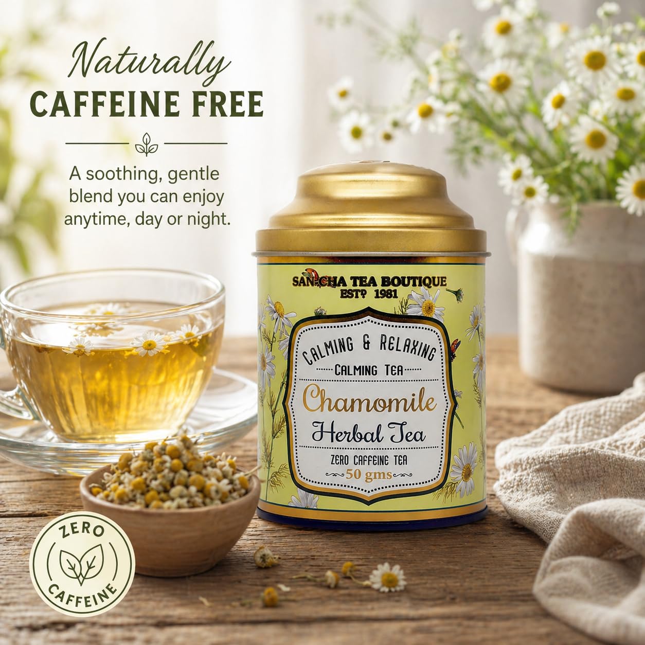 Sancha Tea Boutique, Pure Chamomile Tea, 50g Loose Leaves, Caffeine Free Herbal Tisane, Bedtime for Good Sleep, Stress Relief & Relaxation - View 3 of 5