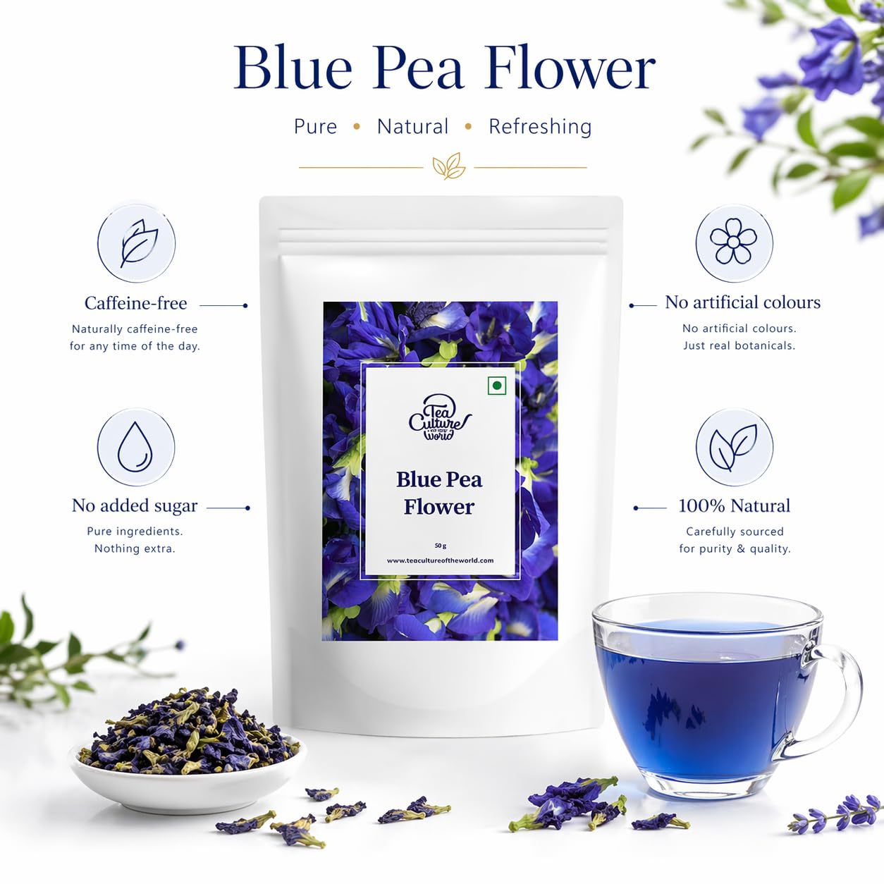 Tea Culture of The World, A+ Grade Butterfly Pea Flower Tea | Makes Natural Blue Purple Pink Iced Tea | Herbal - High on Anti oxidants | 50g, 150+ Cups - View 4 of 4