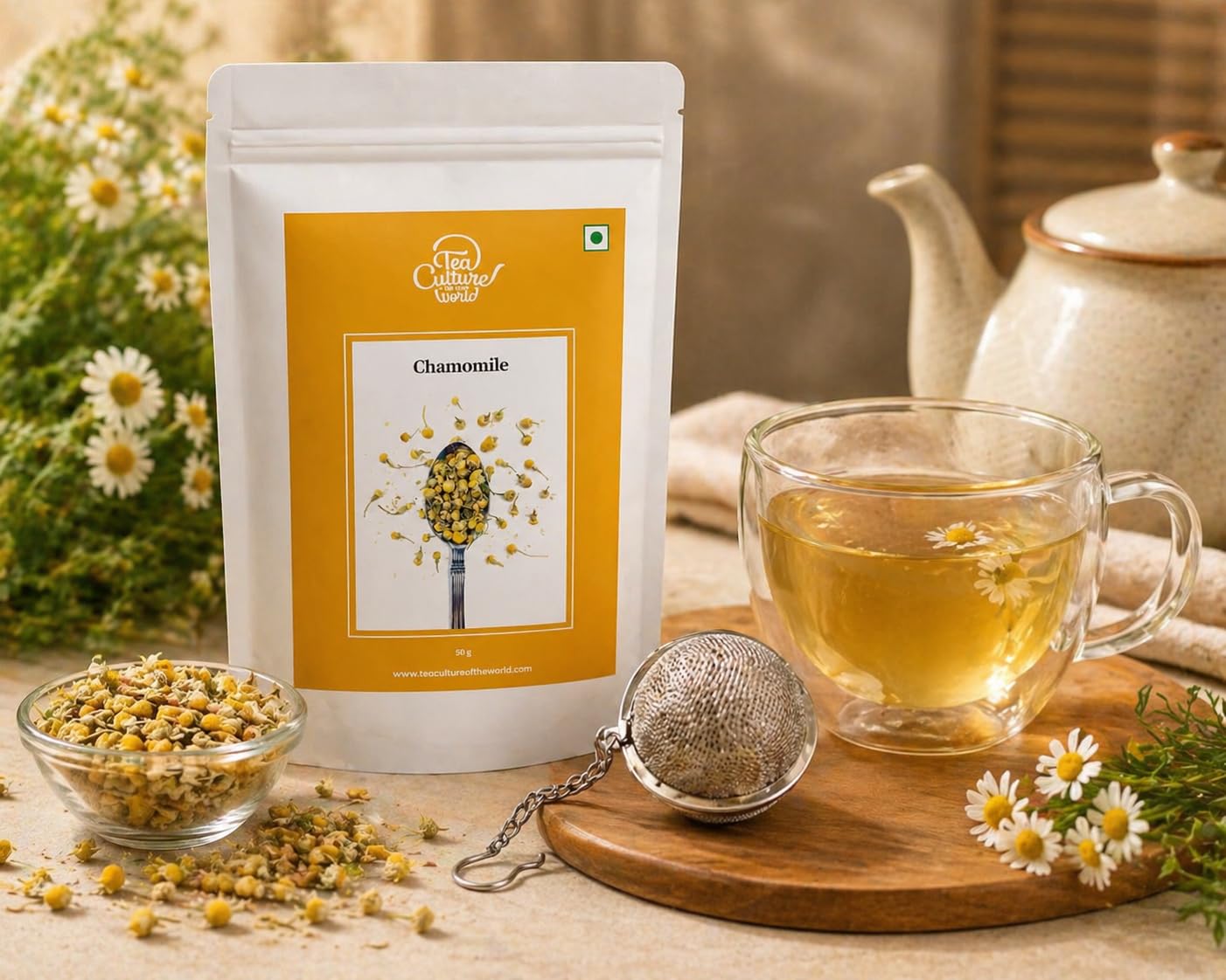 Tea Culture of the World, Pure Chamomile Flower | Caffeine Free Herbal | Good Sleep, Stress Relief, Bedtime Tea | 100% Natural Chamomile Flower Tea Leaves - 50g - View 4 of 5