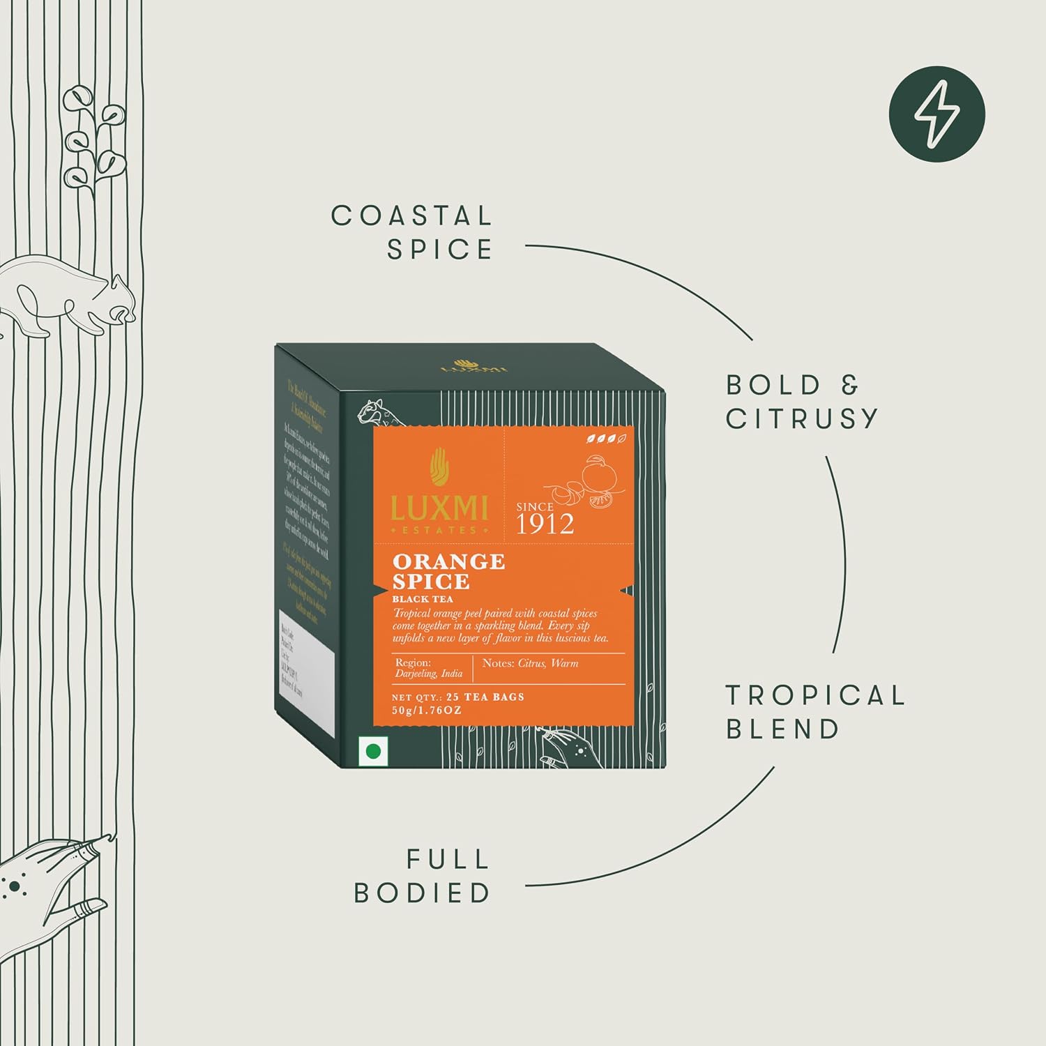 Luxmi Estates Orange Spice Black Tea 25 Plant-Based Biodegradable Tea Bags | Zesty Citrus & Warm Spice Infusion | Bold Black Tea | Refreshing & Energising | 100% Natural Blend - View 3 of 5