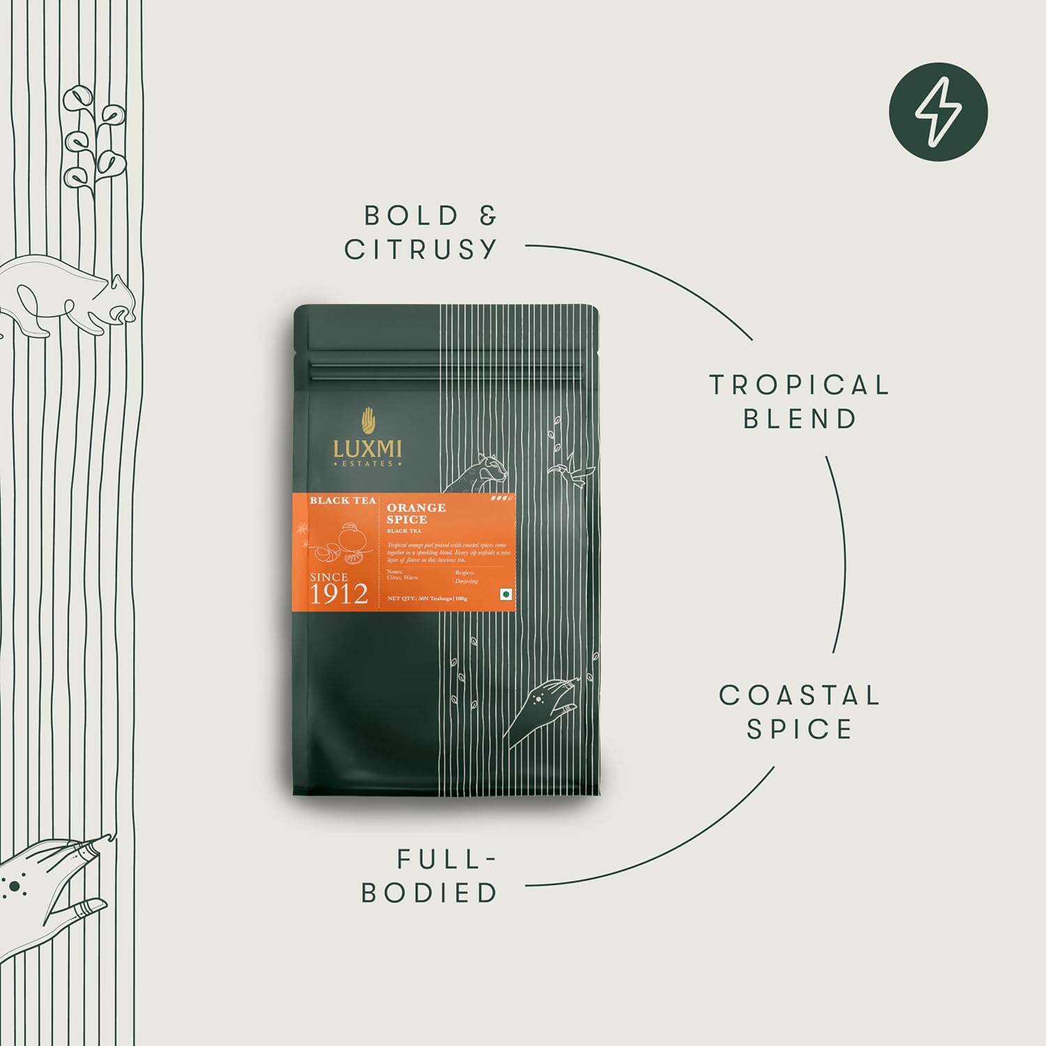 Luxmi Estates Orange Spice Black Tea 50 Plant-Based Biodegradable Tea Bags | Zesty Citrus & Warm Spice Infusion | Bold Black Tea | Refreshing & Energising | 100% Natural Blend - View 3 of 5