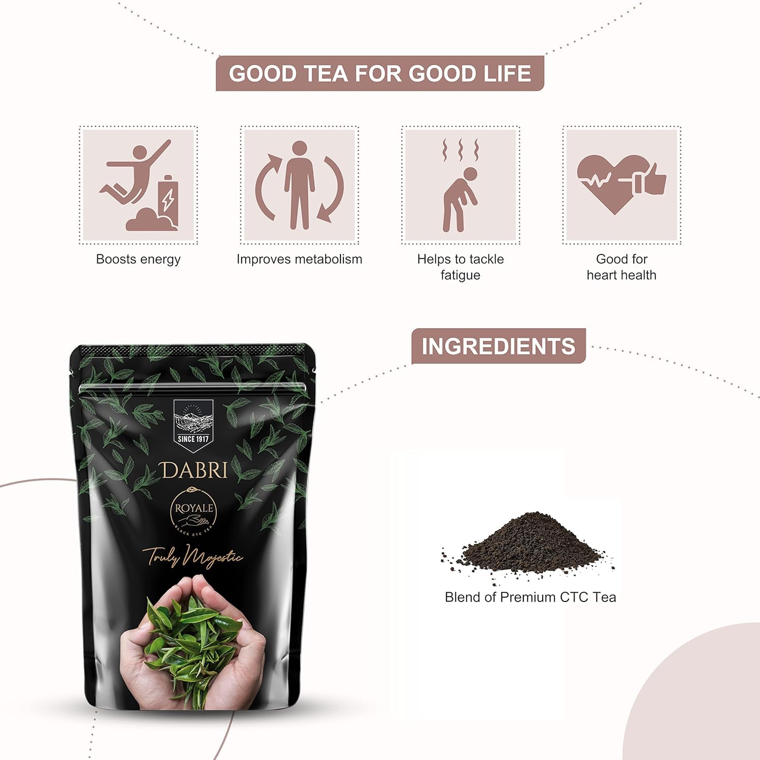 Dabri Assam Royale Black CTC Tea with darjeeling Long Leaf (1KG Pouch) | Natural Premium Chai Patti | Strong, Aromatic & Rich | Boosts Energy, Improves Metabolism & Fights Fatigue - View 3 of 4