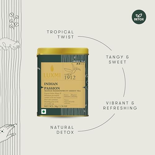 Luxmi Estates Indian Passion Green 50gm Tin | Darjeeling Green Tea | Mango Passion Fruit Green Tea | Lemongrass, Ginger, Lemon Peel | Calming Tea for Relaxation | Low Caffeine - View 3 of 4