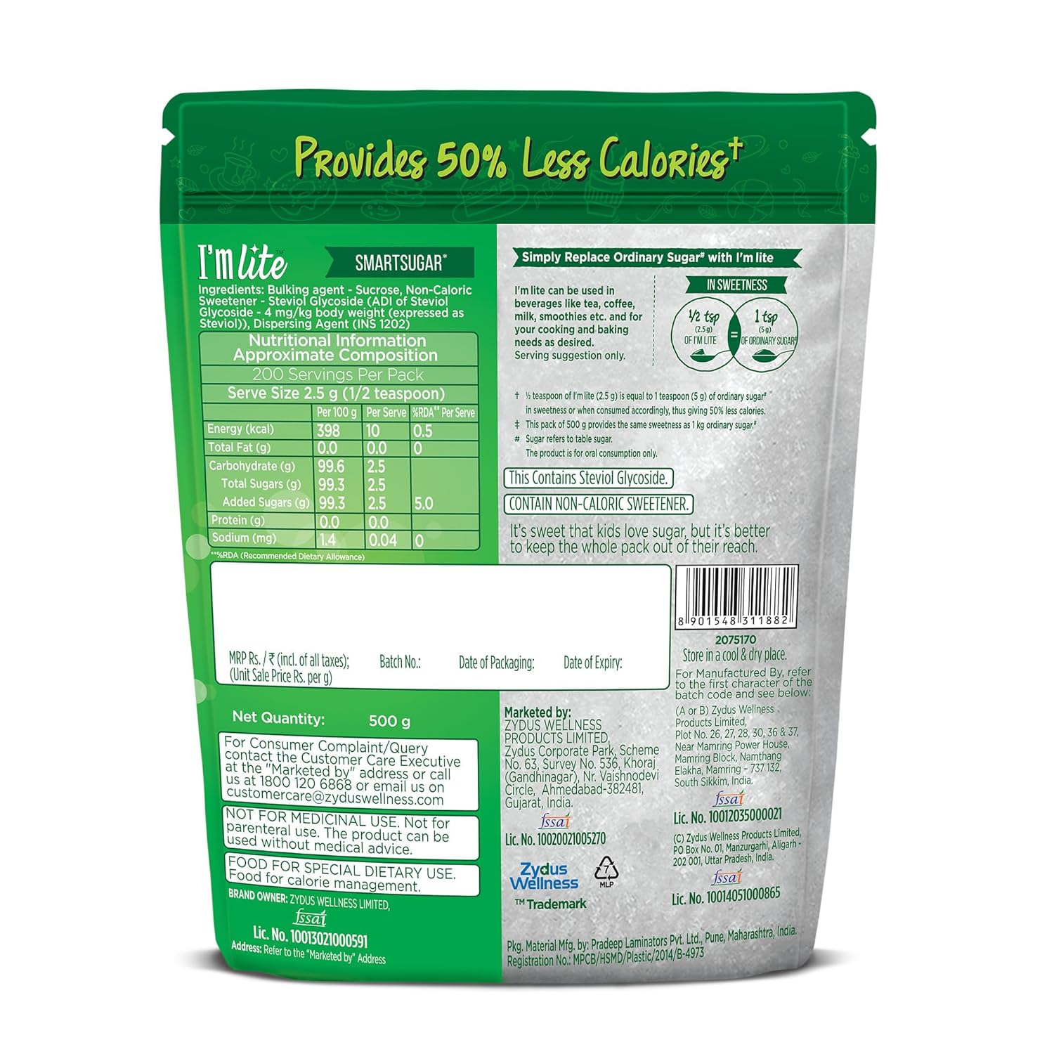 I'm Lite - Sugar blended with Stevia, 50% less calories, 500 g Pouch (Pack of 3) - View 3 of 5