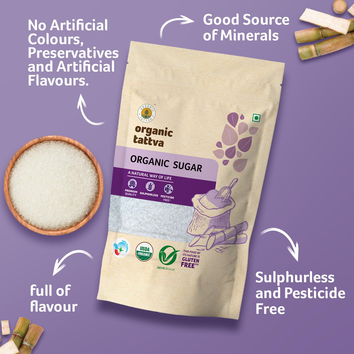 Organic Tattva All Natural Sugar 1kg Fresh – Organically Processed from Fresh Sugarcane Juice, Zero Chemicals, Pure & Unrefined, Hygienically Packed (Pouch) - View 3 of 6