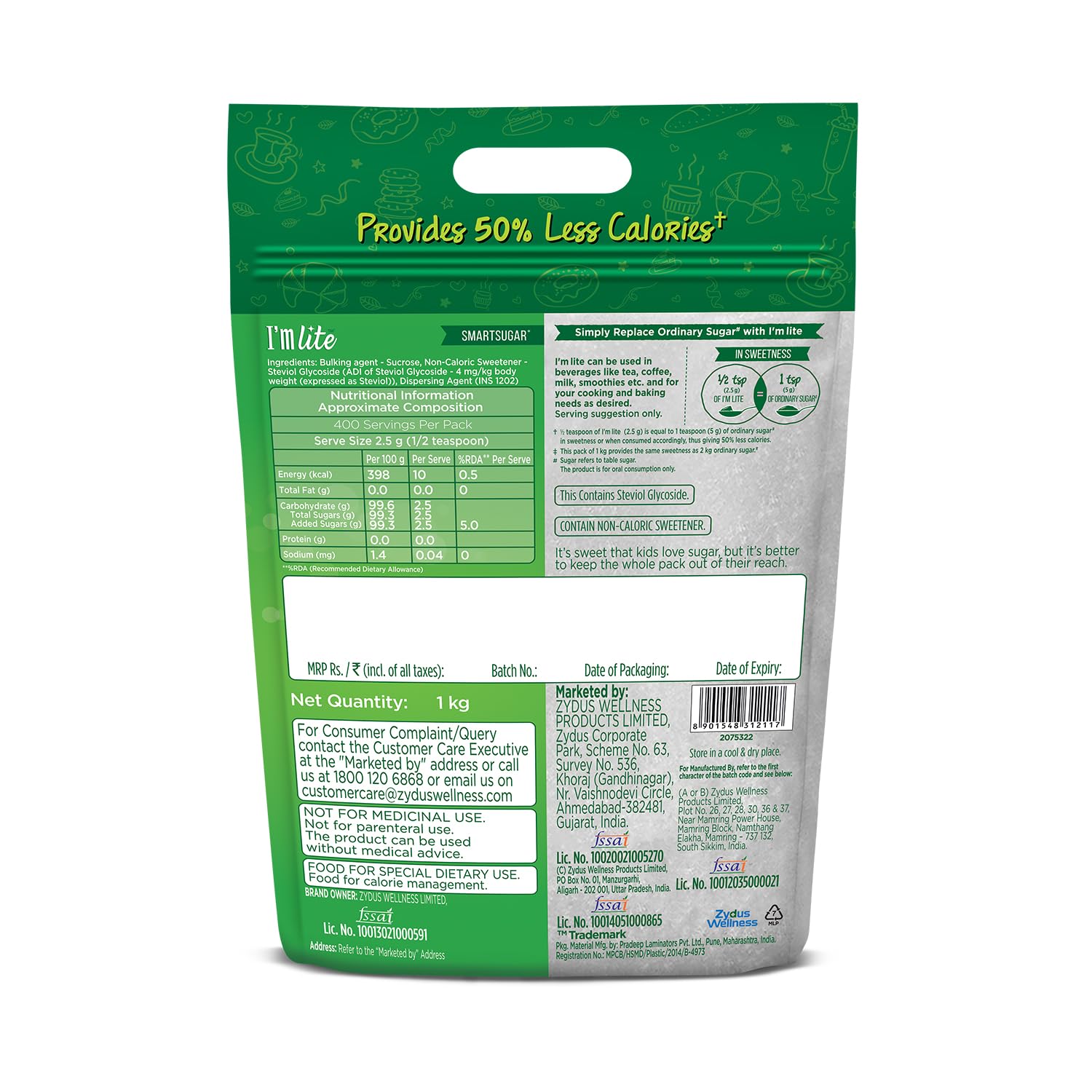 I'm Lite - Sugar blended with Stevia, 50% less calories, 1 Kg Pouch - View 6 of 6