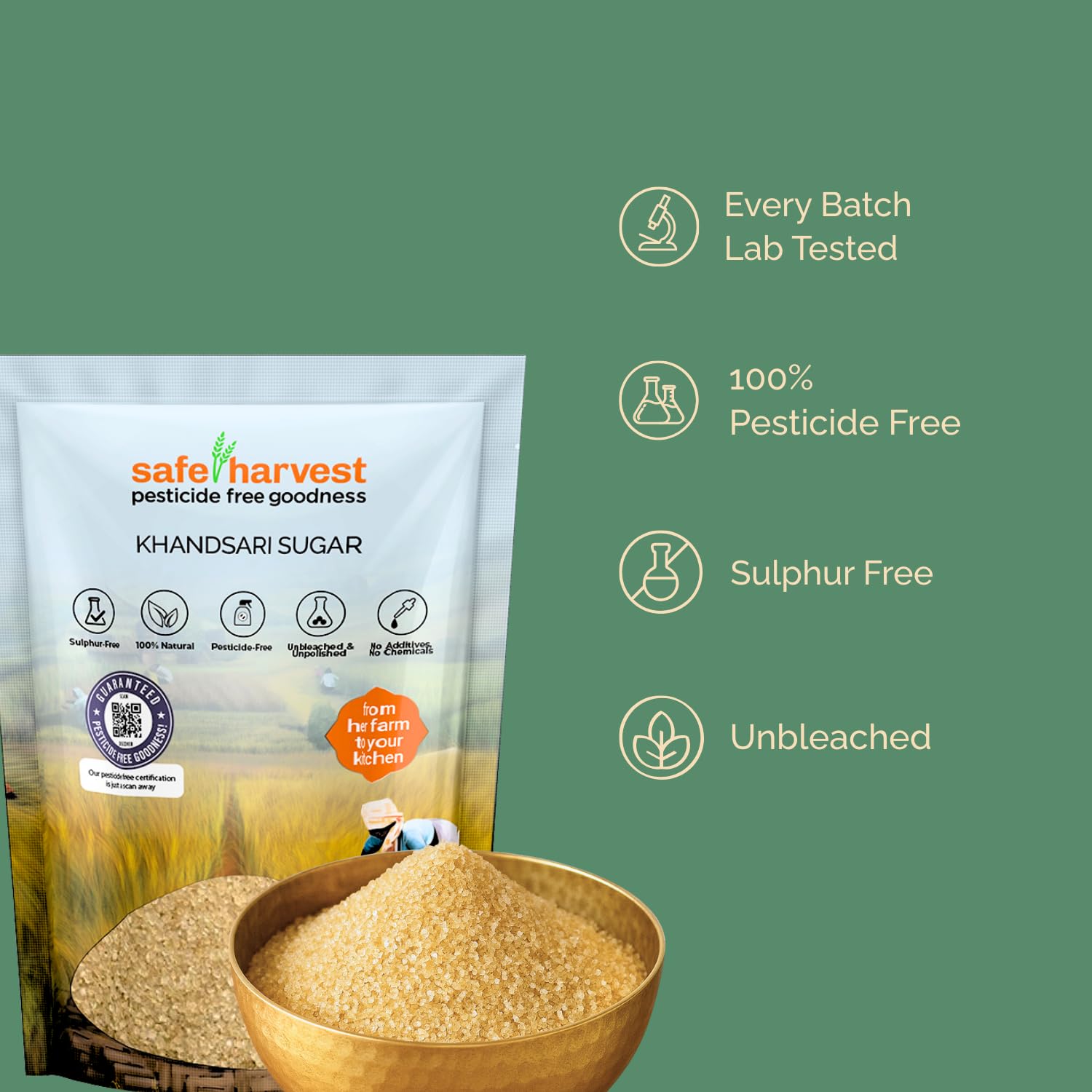Safe Harvest Khandsari Sugar | Pesticide-Free | Sulphur-Free & Unrefined | Artisanal & Chemical-Free | Sourced from Women Farmers | Tested for 231 Pesticides | 1 kg - View 4 of 6