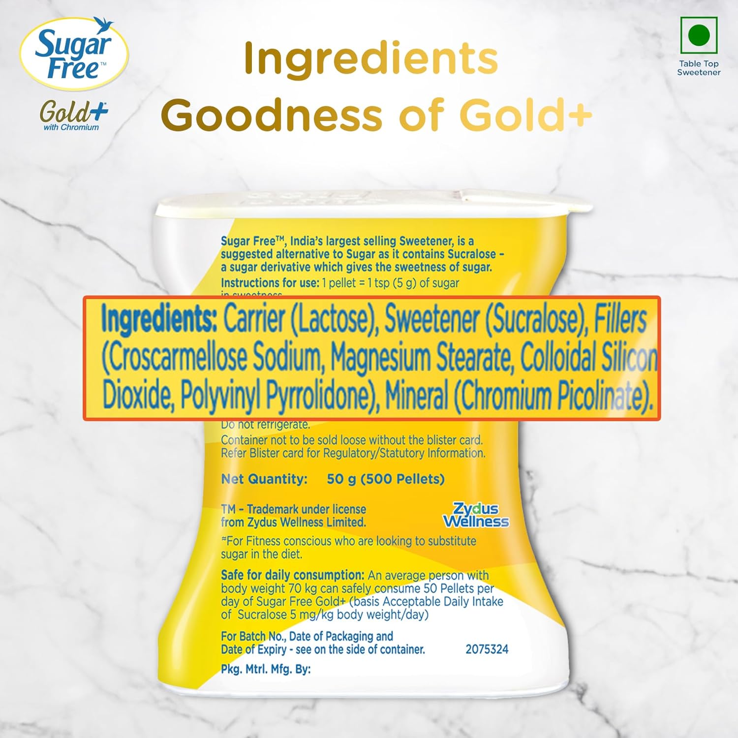 Sugar Free Gold, 500 Pellets| India s No.1 Sweetner| Sweet like Sugar with Low Calories| Scientifically Proven & Tested 50g - View 2 of 5