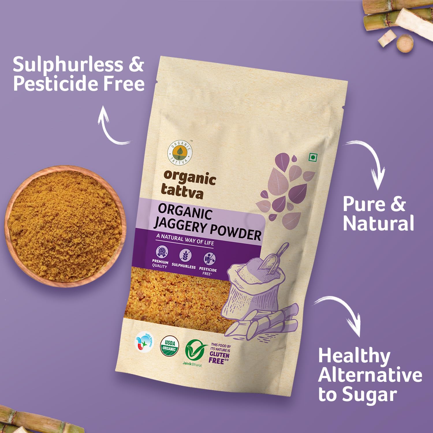 Organic Tattva Jaggery Powder 500gm | 100% Natural, Unrefined & Chemical-Free Sweetener | Healthy, Sugar Alternative Jaggery Powder Organic for Cooking, Baking, Tea, Desserts & Indian Sweets - View 2 of 5