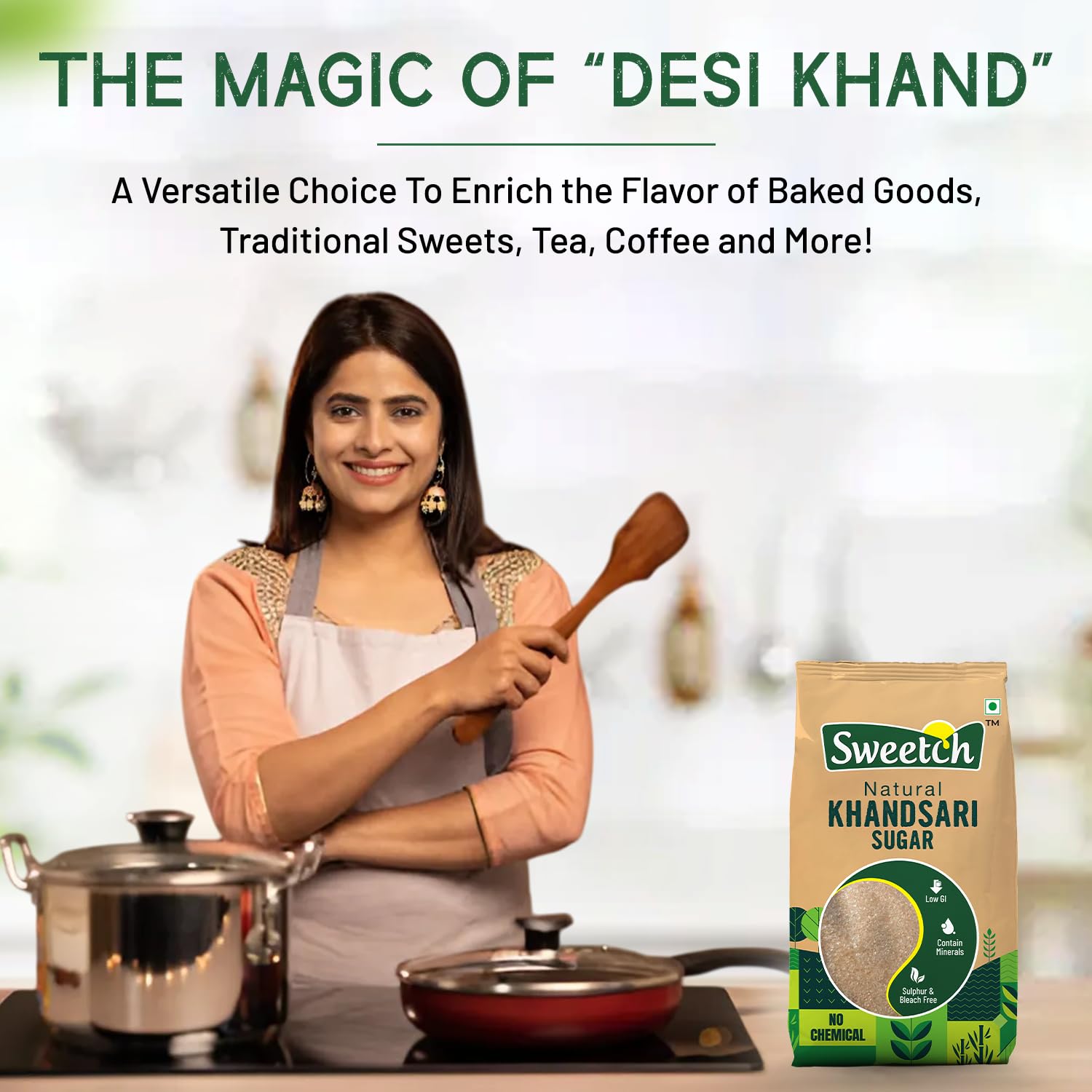 Sweetch Natural Khandsari Sugar (Raw cane Sugar) 1Kg Desi Khand Sugar, Unrefined, Low GI, No Chemical, Sulphur & Bleach Free | Healthy Sweetener For Cooking, Refine Sugar Alternative (Pack of 1) - View 2 of 6