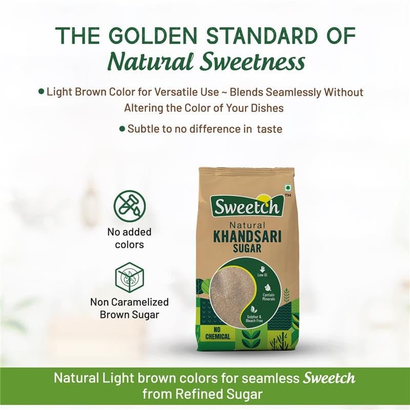 Sweetch Natural Khandsari Sugar (Raw cane Sugar) 1Kg Desi Khand Sugar, Unrefined, Low GI, No Chemical, Sulphur & Bleach Free | Healthy Sweetener For Cooking, Refine Sugar Alternative (Pack of 1) - View 5 of 6