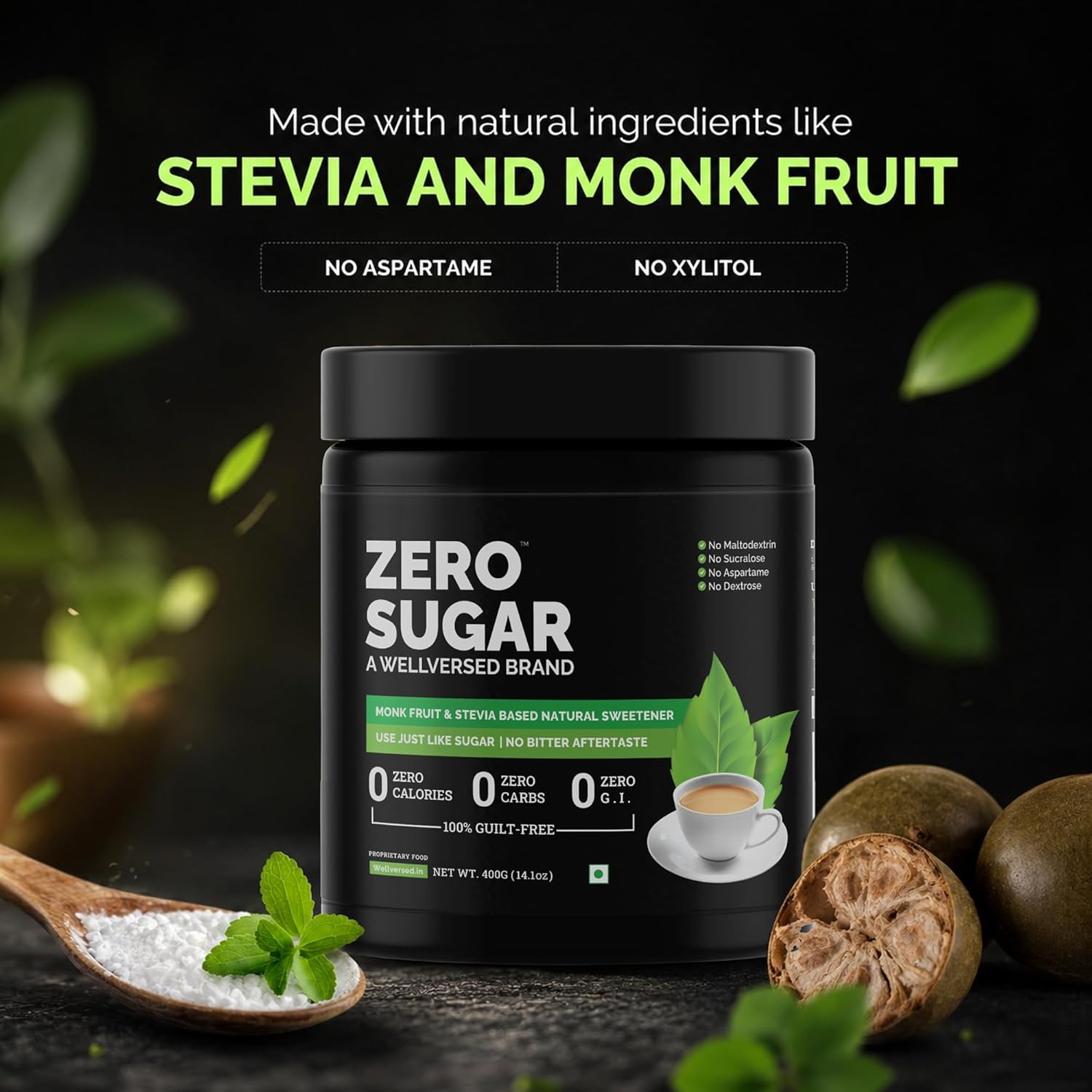 Ketofy Zero Sugar (400g) |Stevia and Monk Fruit | No Maltodextrin, No Aspartame | No Bitter Aftertaste | Sugar Free | Tastes Just Like Sugar | Ultra Low GI Keto Sweetener | Natural Sweetener - View 3 of 5